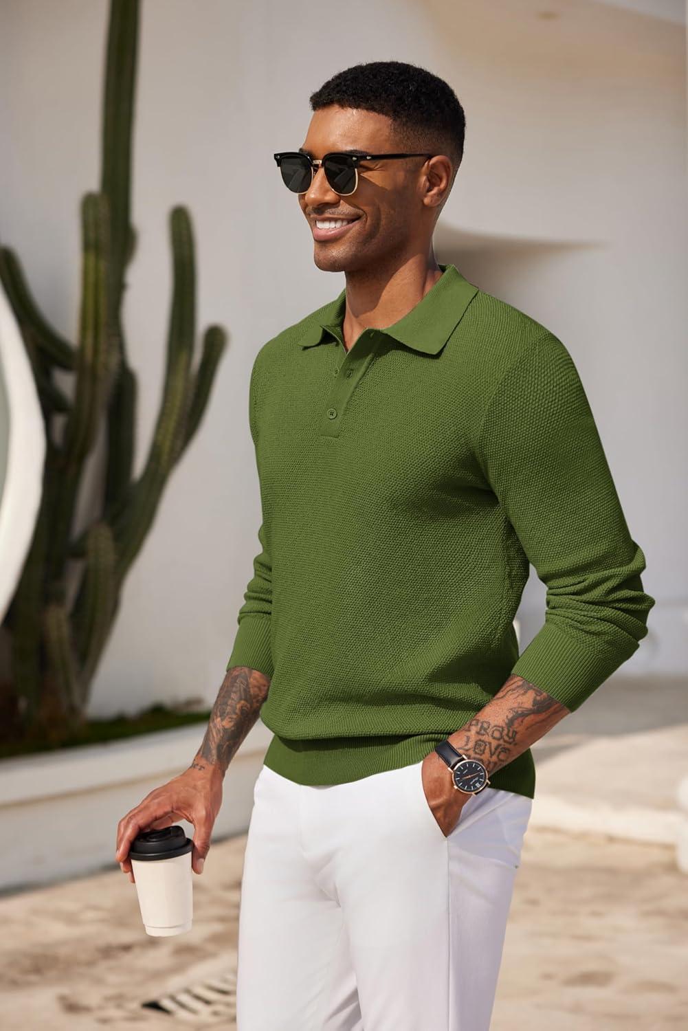 imageCOOFANDY Mens Knit Polo Shirts Long Sleeve Casual Polo Sweaters Shirt Waffle Textured Collared SweaterArmy Green