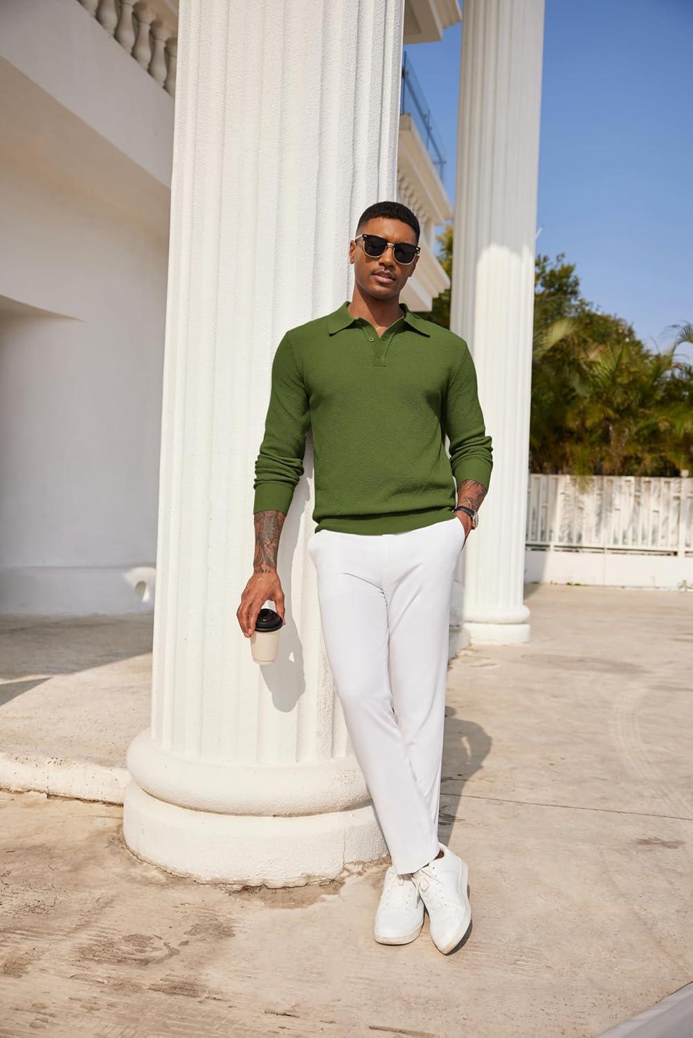 imageCOOFANDY Mens Knit Polo Shirts Long Sleeve Casual Polo Sweaters Shirt Waffle Textured Collared SweaterArmy Green