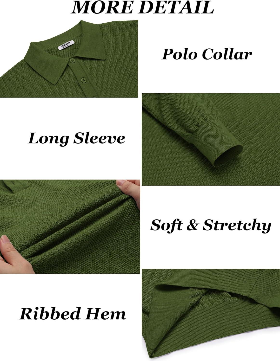 imageCOOFANDY Mens Knit Polo Shirts Long Sleeve Casual Polo Sweaters Shirt Waffle Textured Collared SweaterArmy Green
