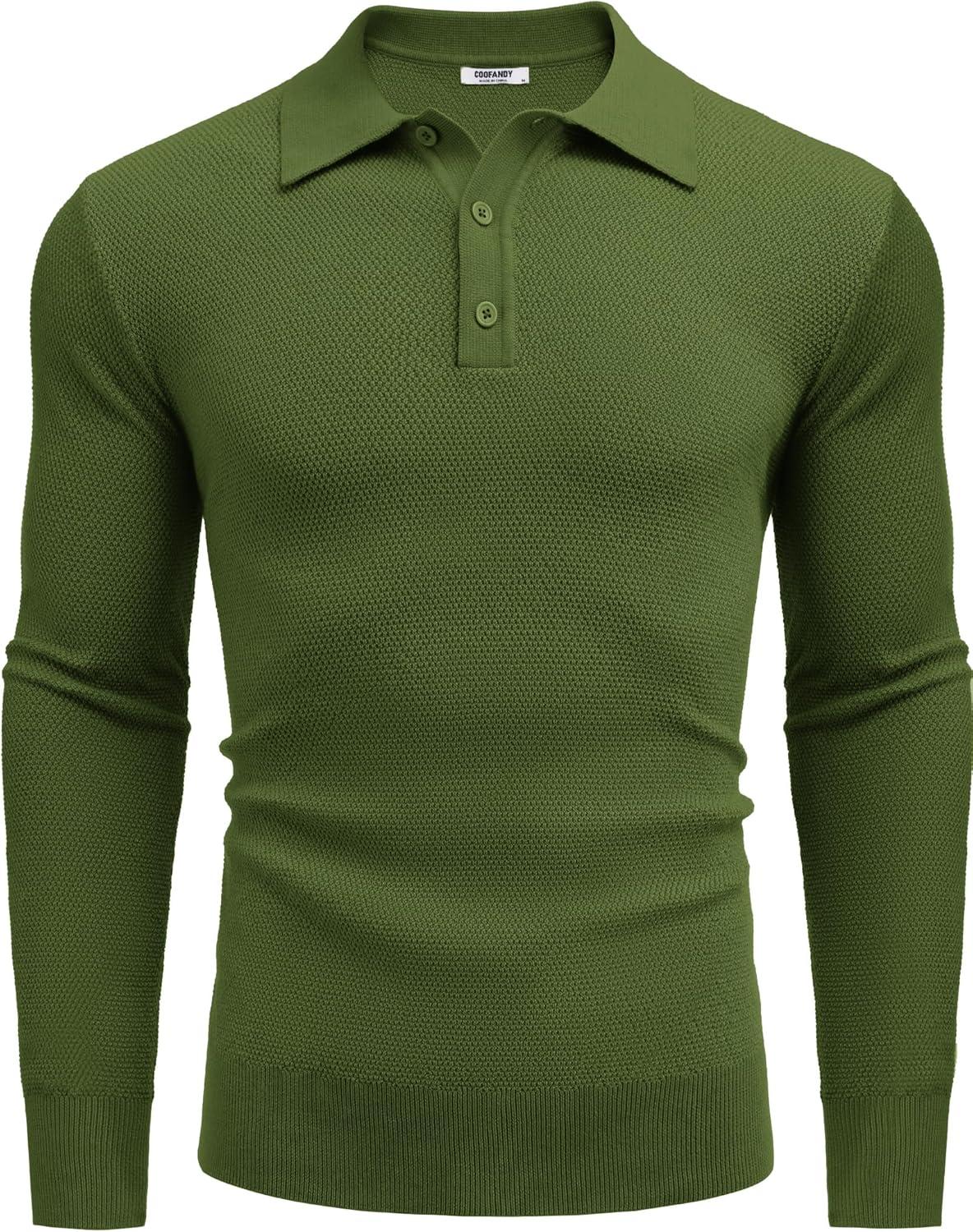 imageCOOFANDY Mens Knit Polo Shirts Long Sleeve Casual Polo Sweaters Shirt Waffle Textured Collared SweaterArmy Green