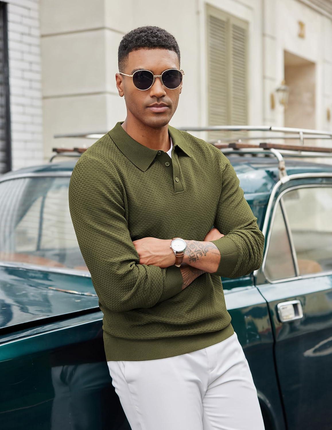 imageCOOFANDY Mens Knit Polo Shirts Long Sleeve Casual Polo Sweaters Shirt Waffle Textured Collared SweaterArmygreen