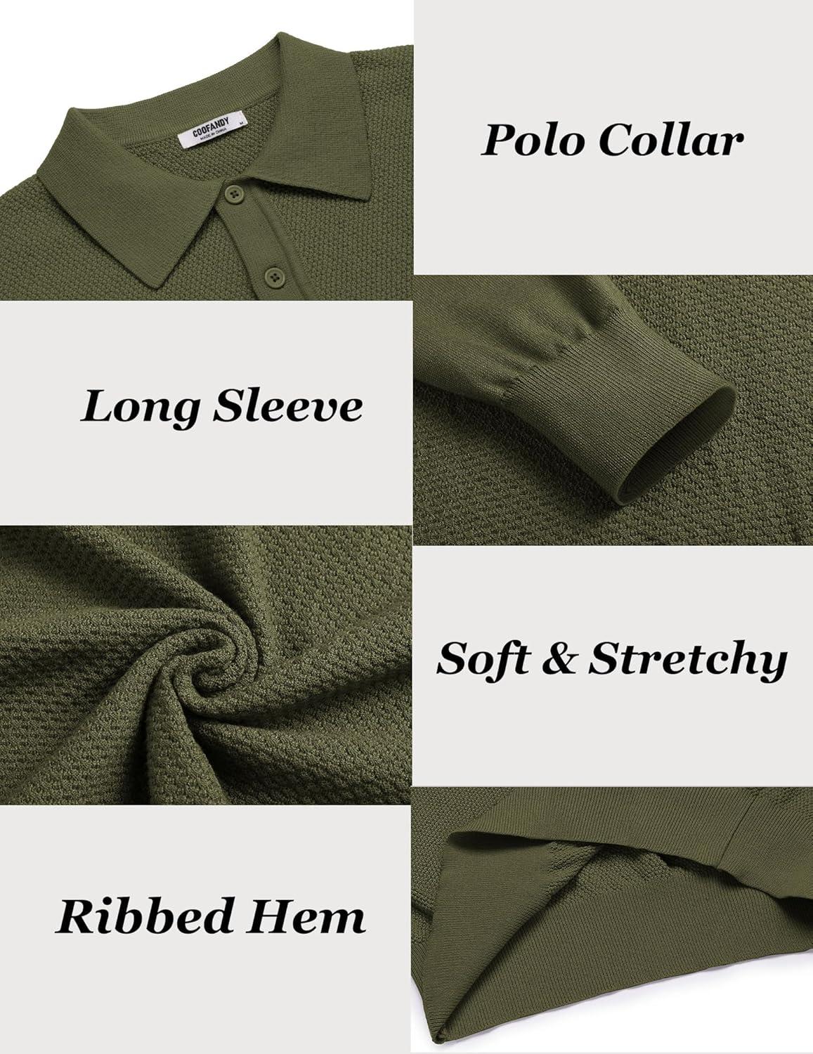 imageCOOFANDY Mens Knit Polo Shirts Long Sleeve Casual Polo Sweaters Shirt Waffle Textured Collared SweaterArmygreen