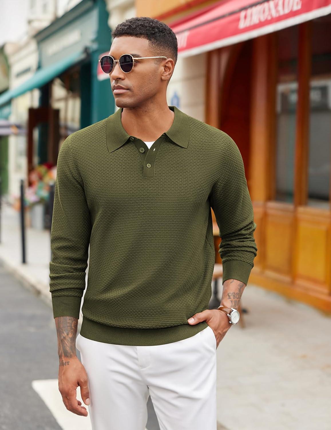 imageCOOFANDY Mens Knit Polo Shirts Long Sleeve Casual Polo Sweaters Shirt Waffle Textured Collared SweaterArmygreen