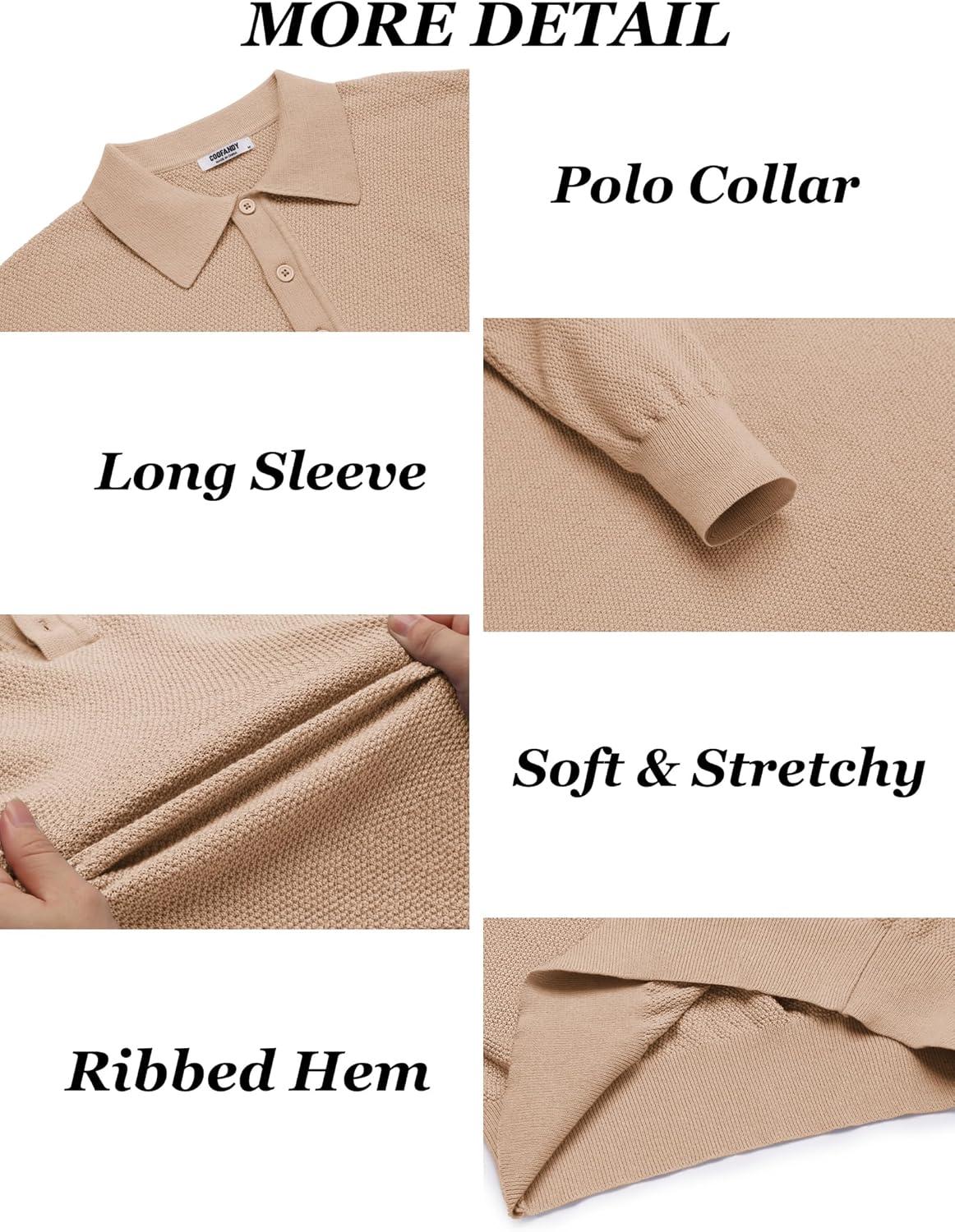 imageCOOFANDY Mens Knit Polo Shirts Long Sleeve Casual Polo Sweaters Shirt Waffle Textured Collared SweaterBeige