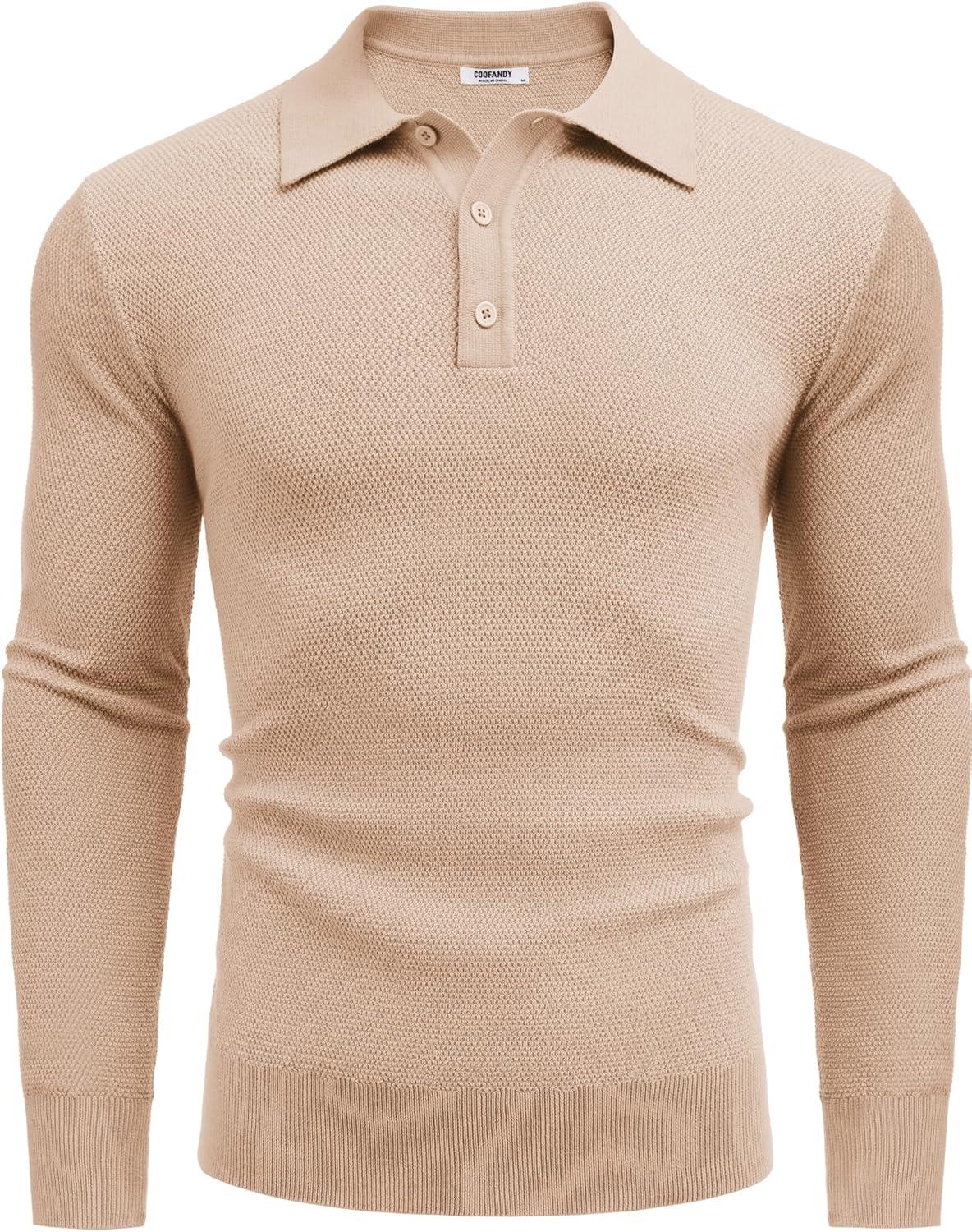imageCOOFANDY Mens Knit Polo Shirts Long Sleeve Casual Polo Sweaters Shirt Waffle Textured Collared SweaterBeige