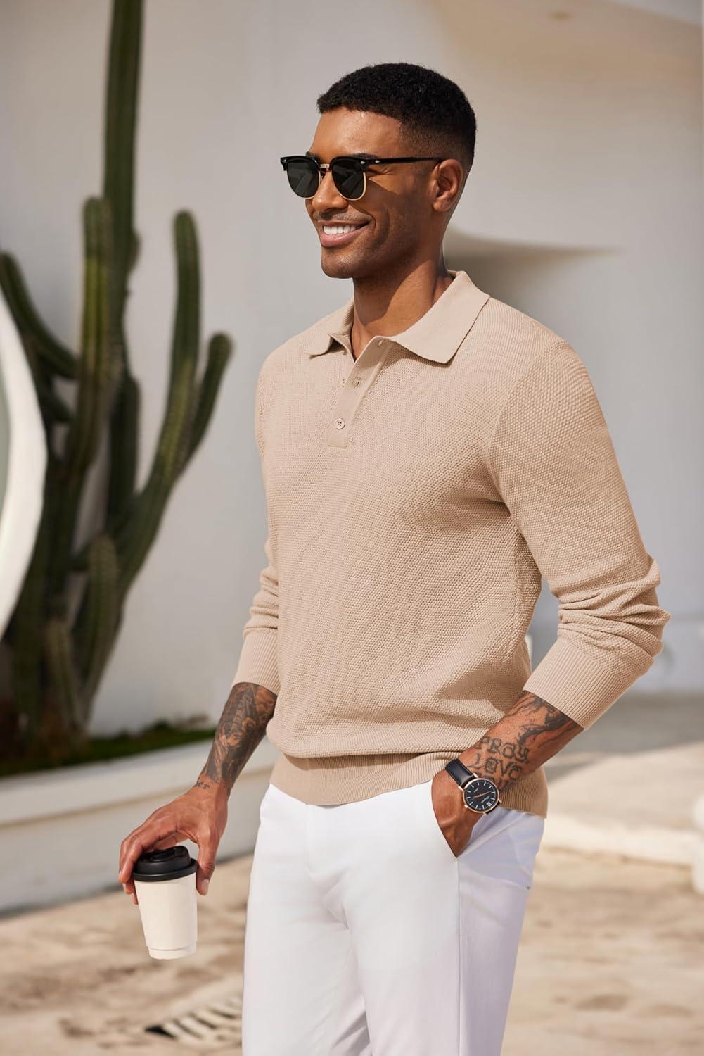 imageCOOFANDY Mens Knit Polo Shirts Long Sleeve Casual Polo Sweaters Shirt Waffle Textured Collared SweaterBeige