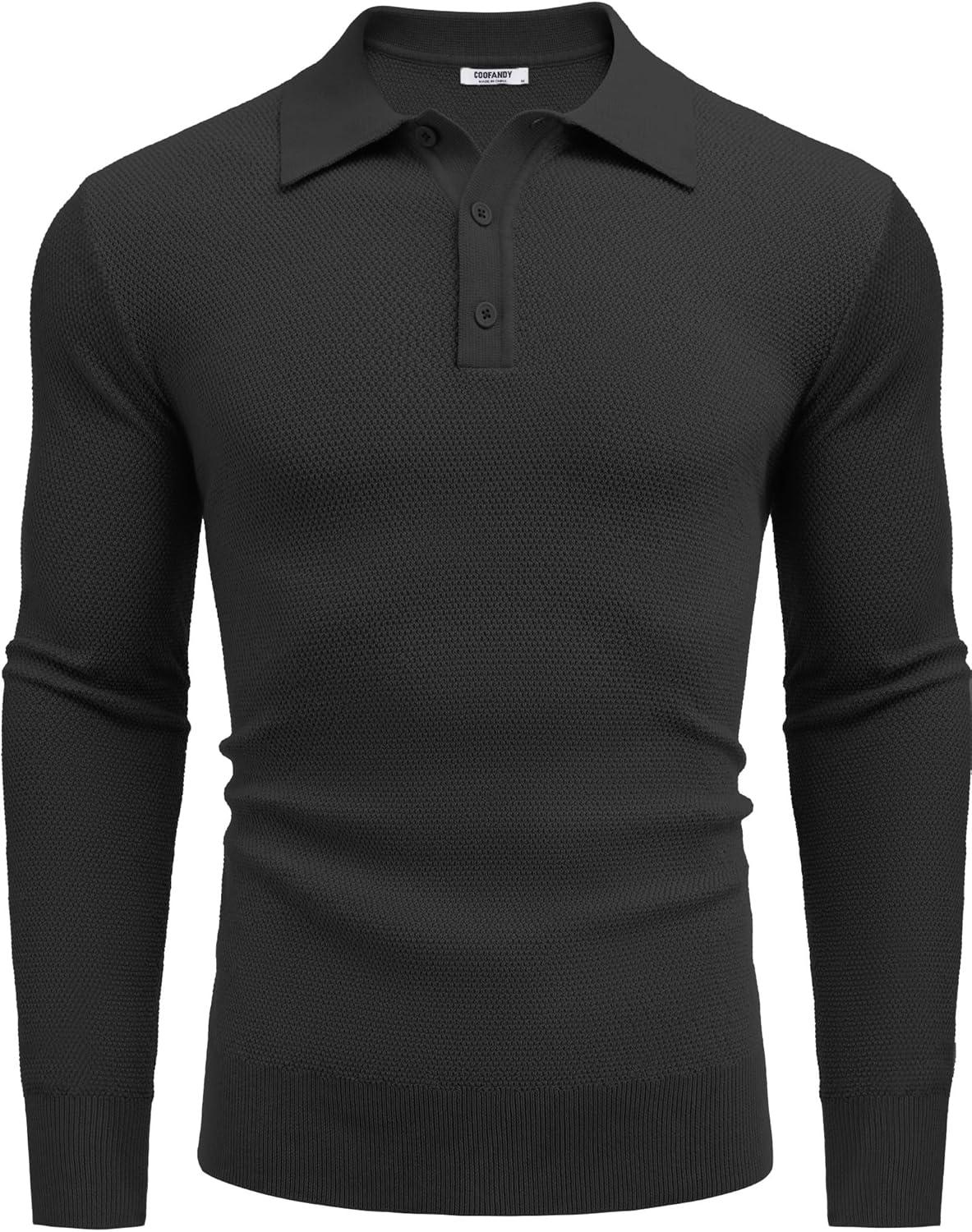 imageCOOFANDY Mens Knit Polo Shirts Long Sleeve Casual Polo Sweaters Shirt Waffle Textured Collared SweaterBlack