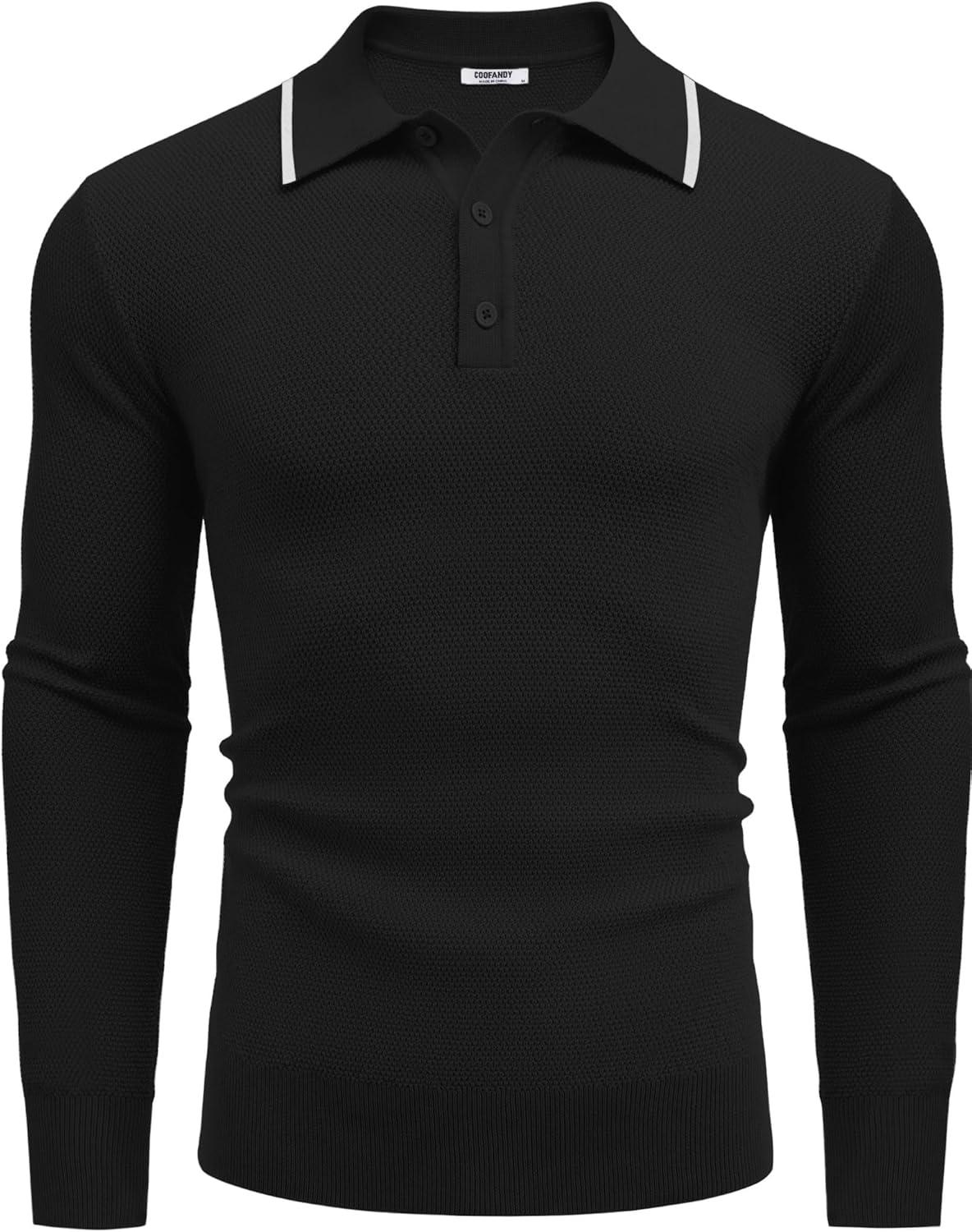 imageCOOFANDY Mens Knit Polo Shirts Long Sleeve Casual Polo Sweaters Shirt Waffle Textured Collared SweaterBlack White Striped1