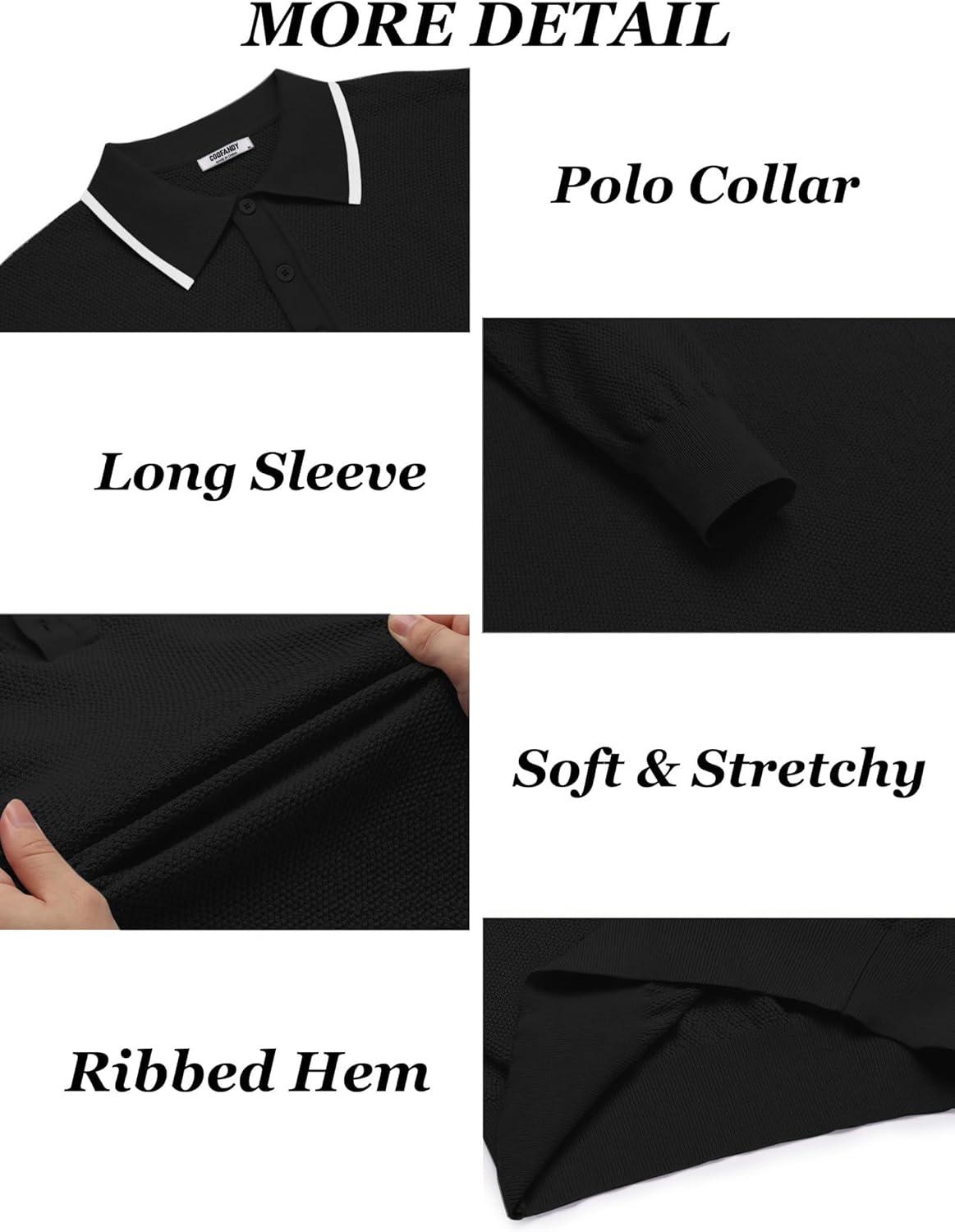 imageCOOFANDY Mens Knit Polo Shirts Long Sleeve Casual Polo Sweaters Shirt Waffle Textured Collared SweaterBlack White Striped1