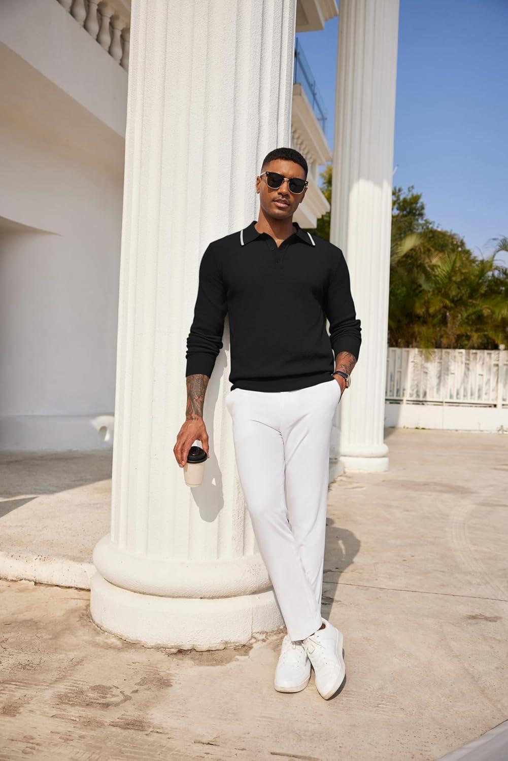 imageCOOFANDY Mens Knit Polo Shirts Long Sleeve Casual Polo Sweaters Shirt Waffle Textured Collared SweaterBlack White Striped1