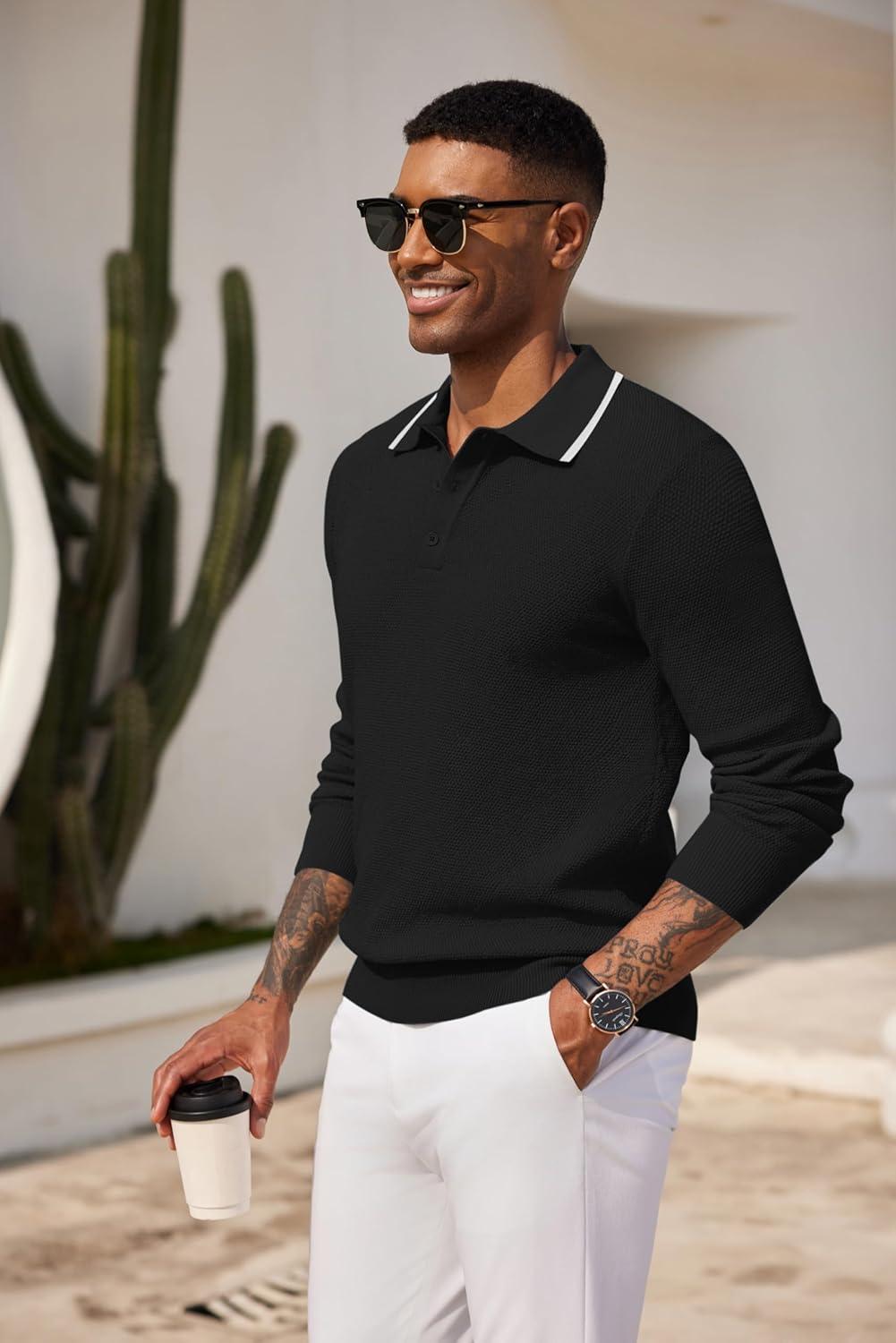 imageCOOFANDY Mens Knit Polo Shirts Long Sleeve Casual Polo Sweaters Shirt Waffle Textured Collared SweaterBlack White Striped1