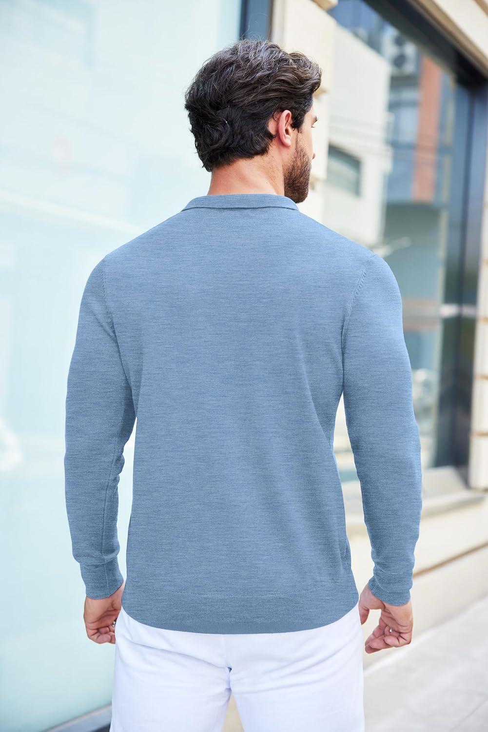 imageCOOFANDY Mens Knit Polo Shirts Long Sleeve Casual Polo Sweaters Shirt Waffle Textured Collared SweaterBlue