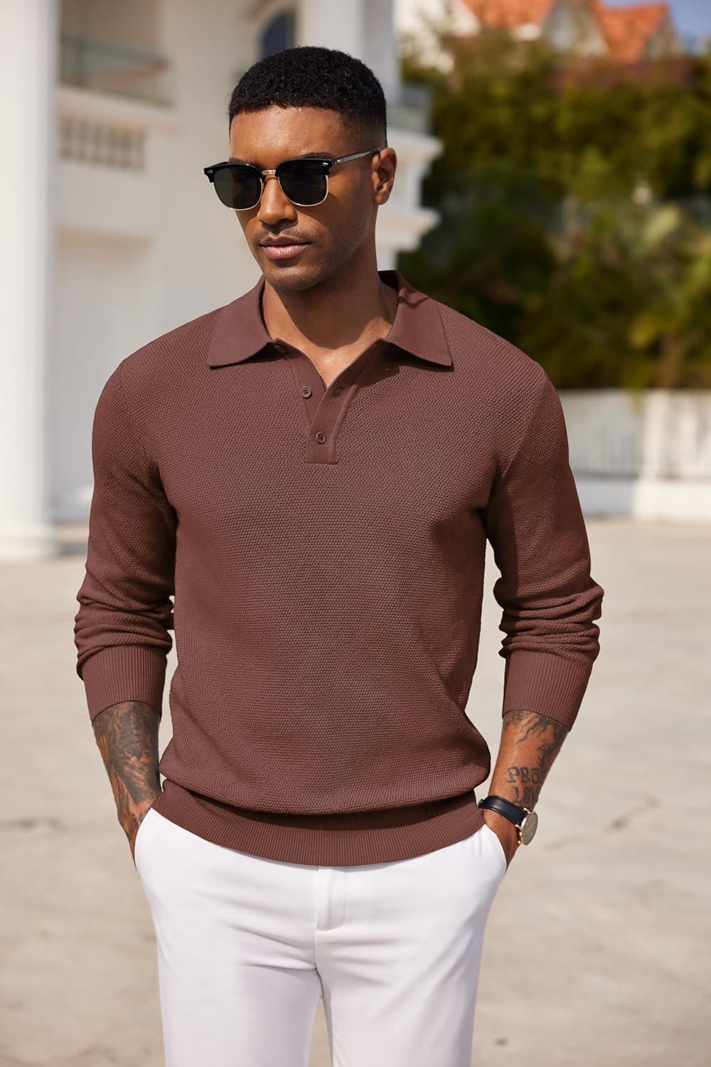 imageCOOFANDY Mens Knit Polo Shirts Long Sleeve Casual Polo Sweaters Shirt Waffle Textured Collared SweaterBrown