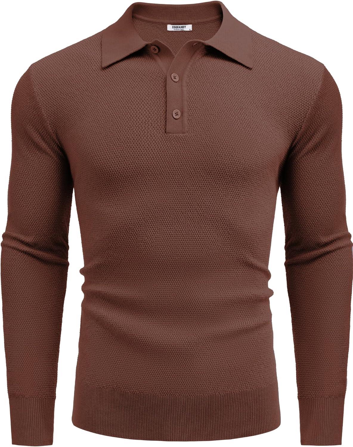 imageCOOFANDY Mens Knit Polo Shirts Long Sleeve Casual Polo Sweaters Shirt Waffle Textured Collared SweaterBrown