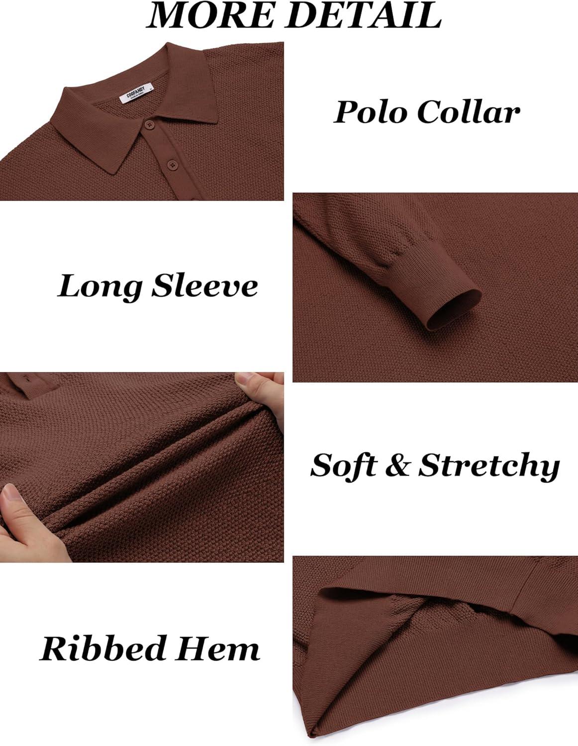 imageCOOFANDY Mens Knit Polo Shirts Long Sleeve Casual Polo Sweaters Shirt Waffle Textured Collared SweaterBrown