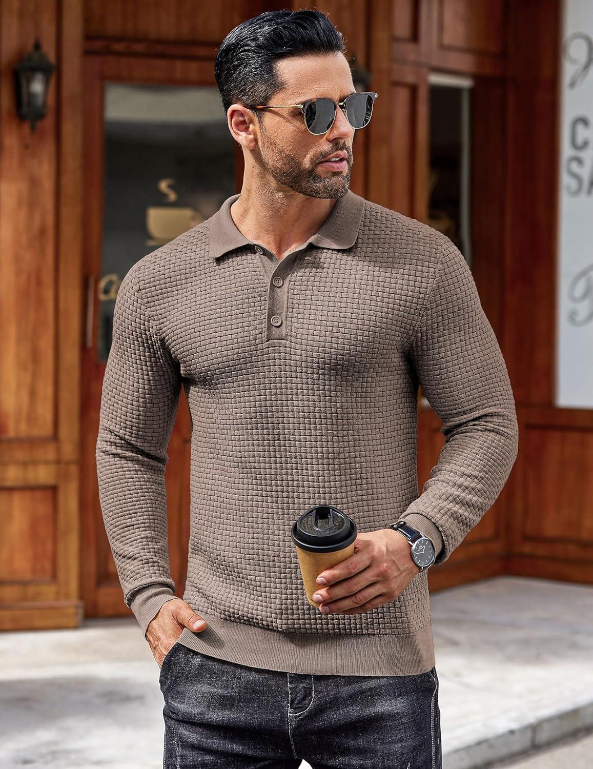 imageCOOFANDY Mens Knit Polo Shirts Long Sleeve Casual Polo Sweaters Shirt Waffle Textured Collared SweaterBrown and Grey