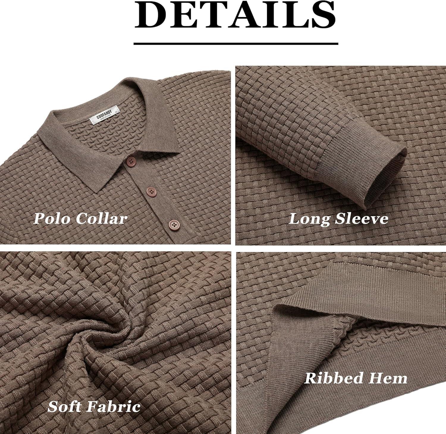 imageCOOFANDY Mens Knit Polo Shirts Long Sleeve Casual Polo Sweaters Shirt Waffle Textured Collared SweaterBrown and Grey