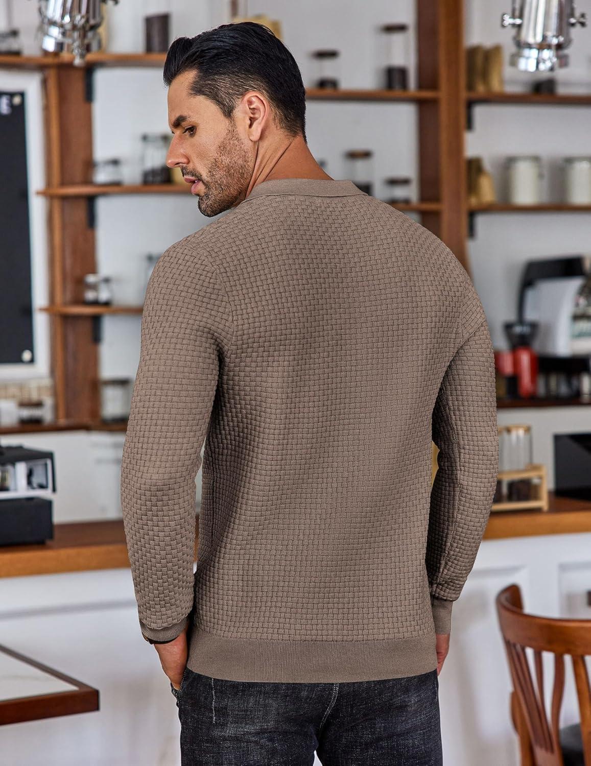 imageCOOFANDY Mens Knit Polo Shirts Long Sleeve Casual Polo Sweaters Shirt Waffle Textured Collared SweaterBrown and Grey