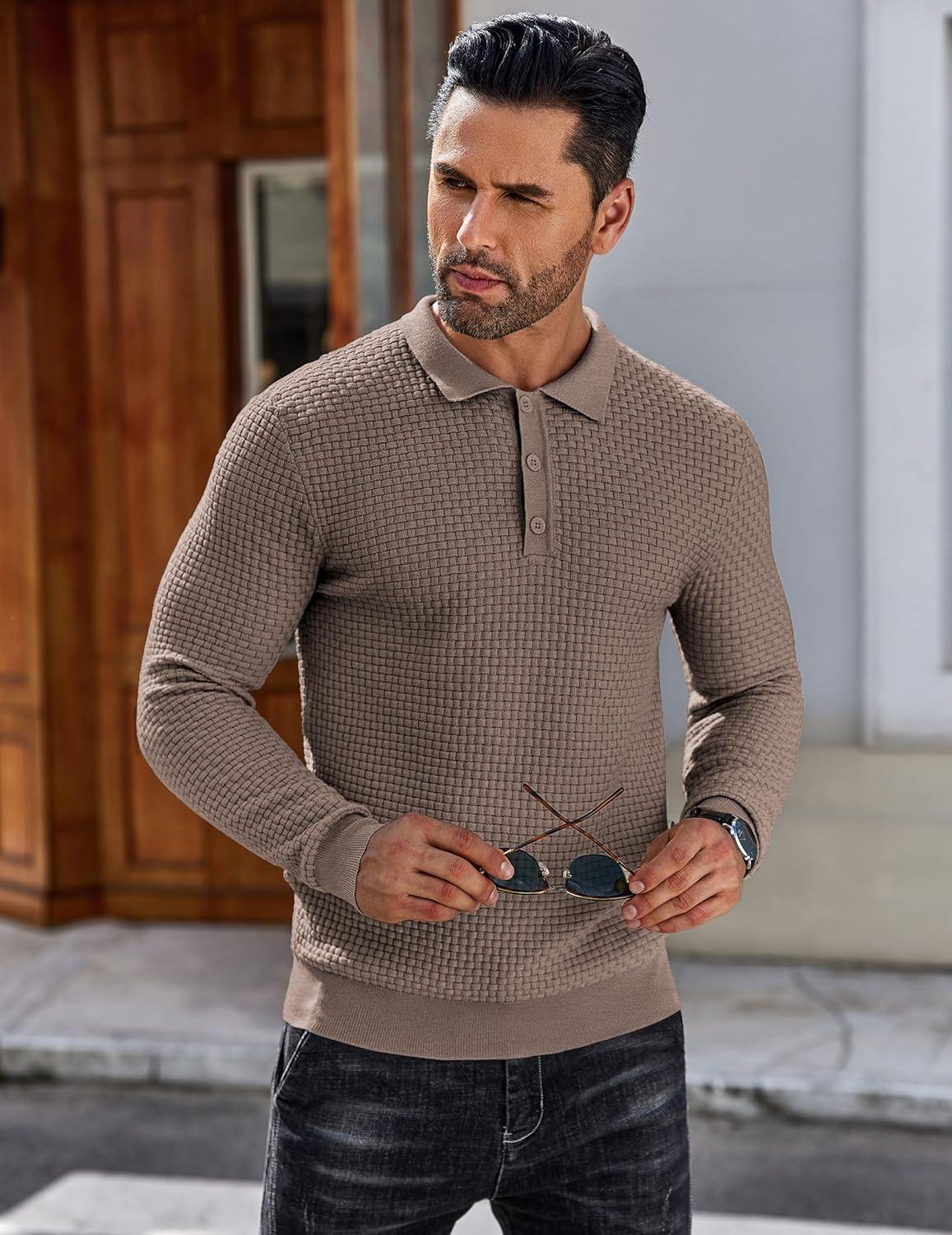 imageCOOFANDY Mens Knit Polo Shirts Long Sleeve Casual Polo Sweaters Shirt Waffle Textured Collared SweaterBrown and Grey