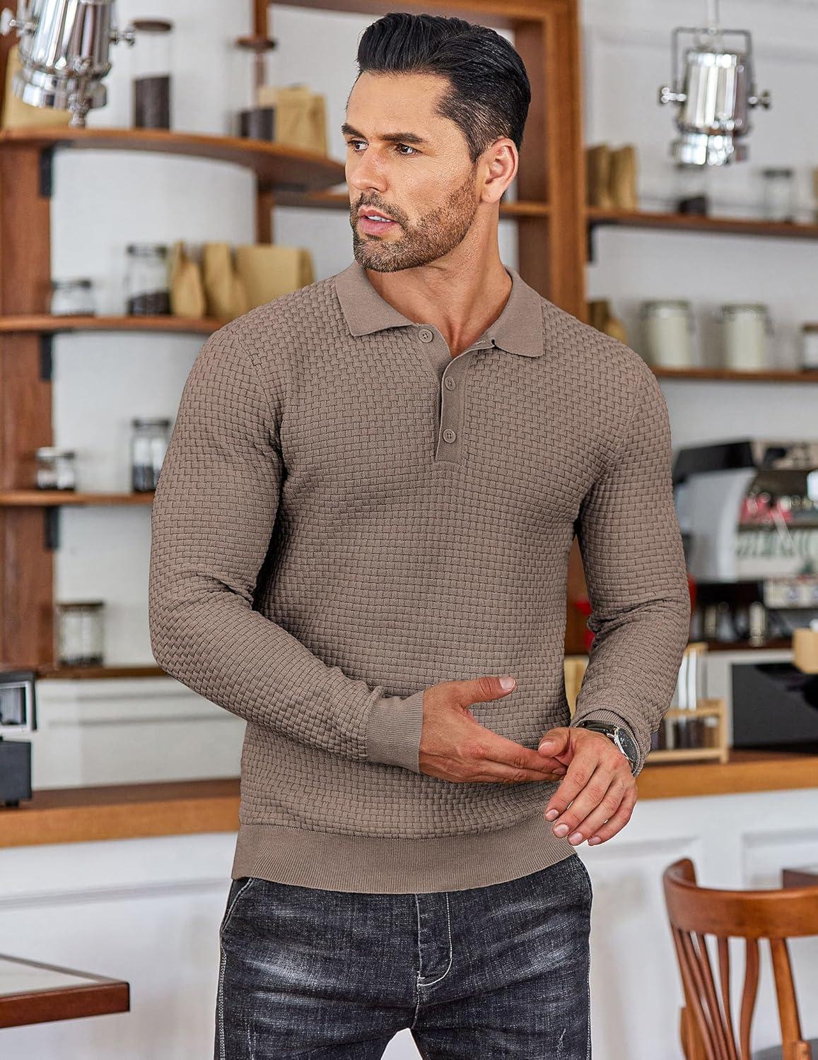 imageCOOFANDY Mens Knit Polo Shirts Long Sleeve Casual Polo Sweaters Shirt Waffle Textured Collared SweaterBrown and Grey