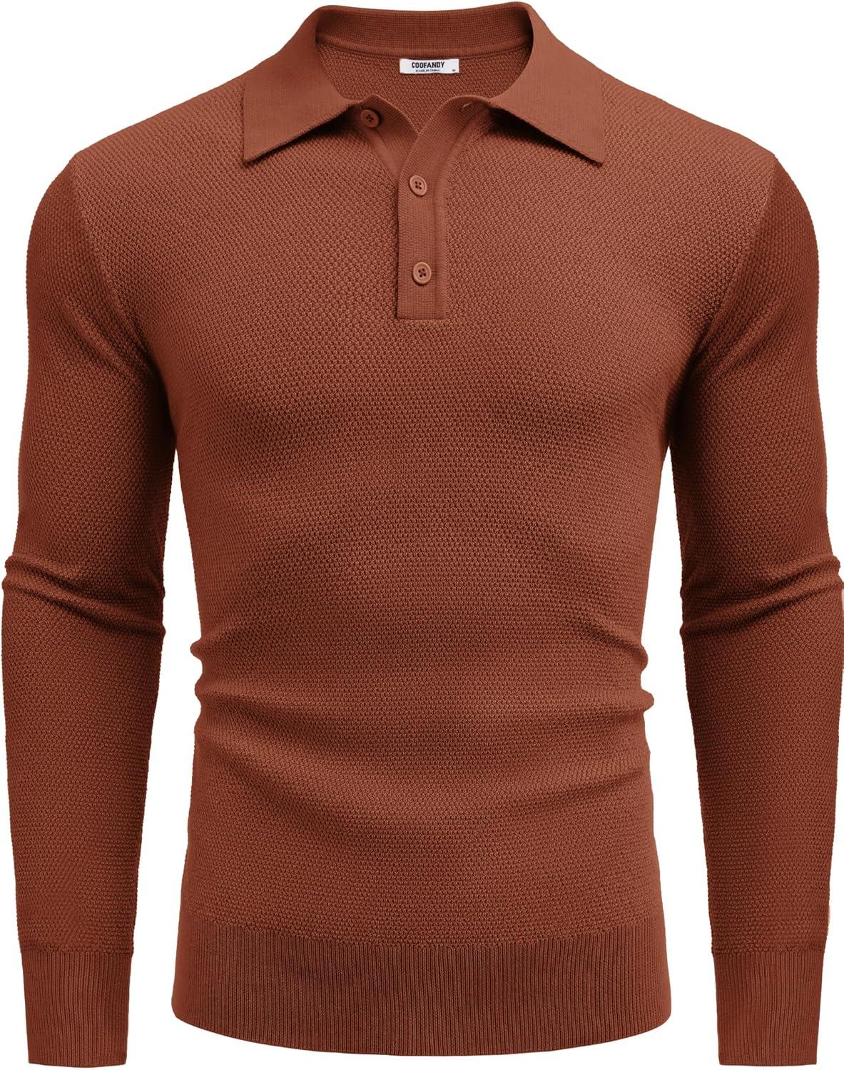 imageCOOFANDY Mens Knit Polo Shirts Long Sleeve Casual Polo Sweaters Shirt Waffle Textured Collared SweaterCaramel