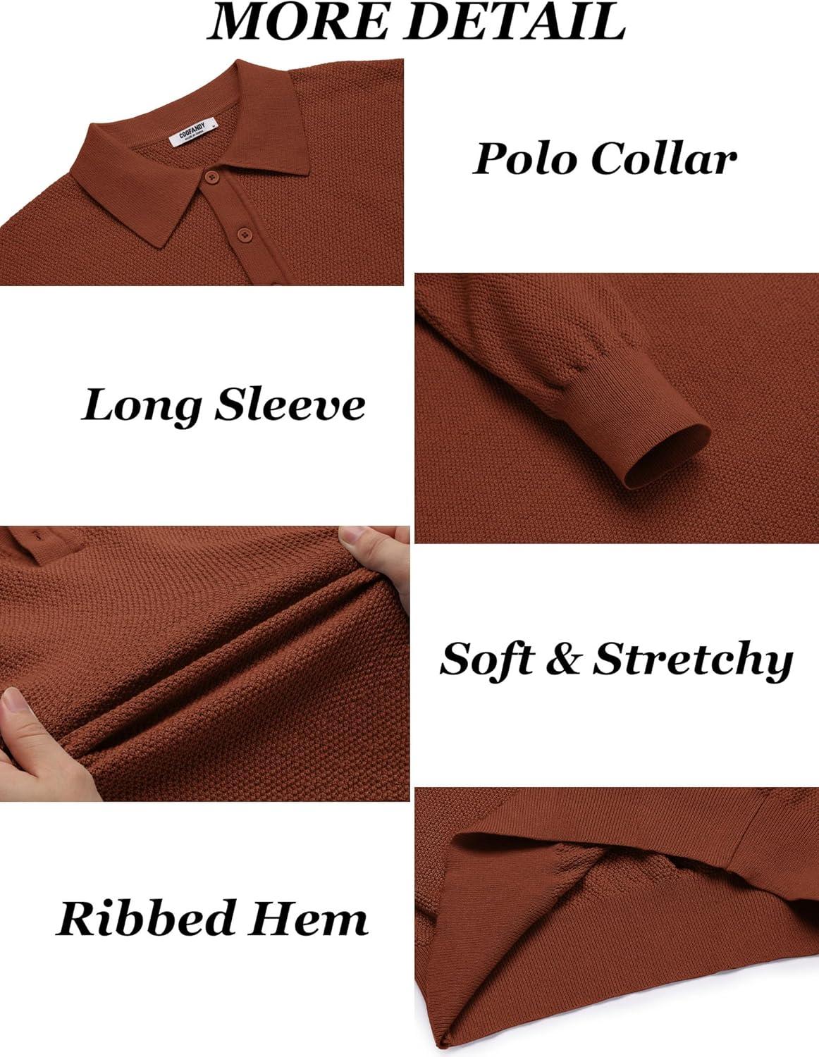 imageCOOFANDY Mens Knit Polo Shirts Long Sleeve Casual Polo Sweaters Shirt Waffle Textured Collared SweaterCaramel