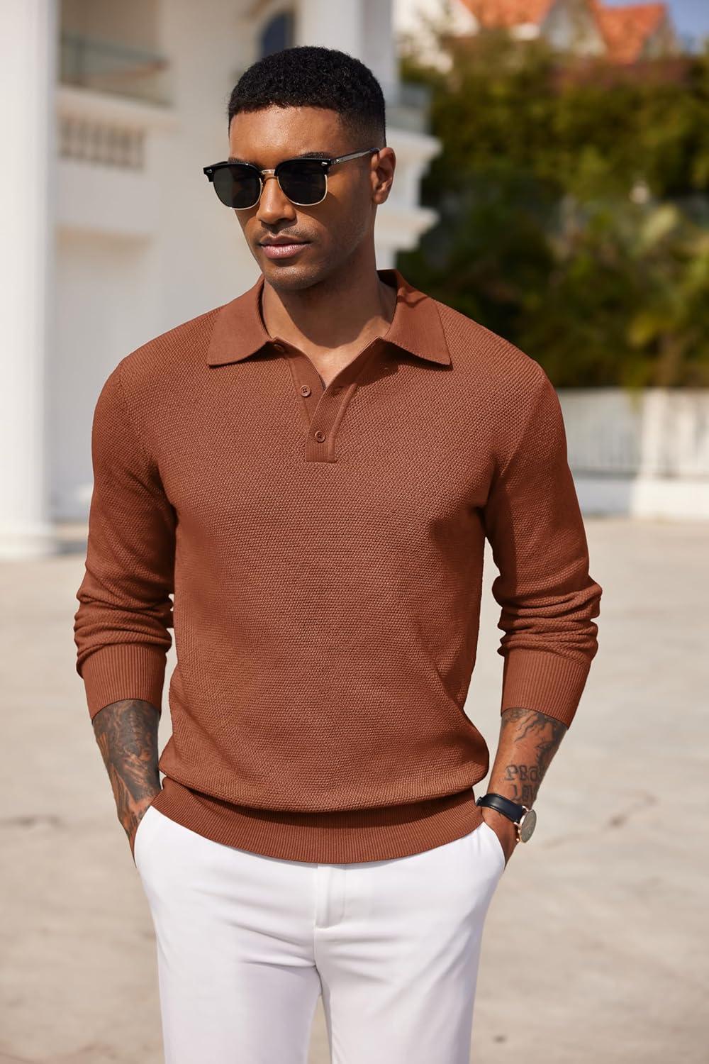 imageCOOFANDY Mens Knit Polo Shirts Long Sleeve Casual Polo Sweaters Shirt Waffle Textured Collared SweaterCaramel