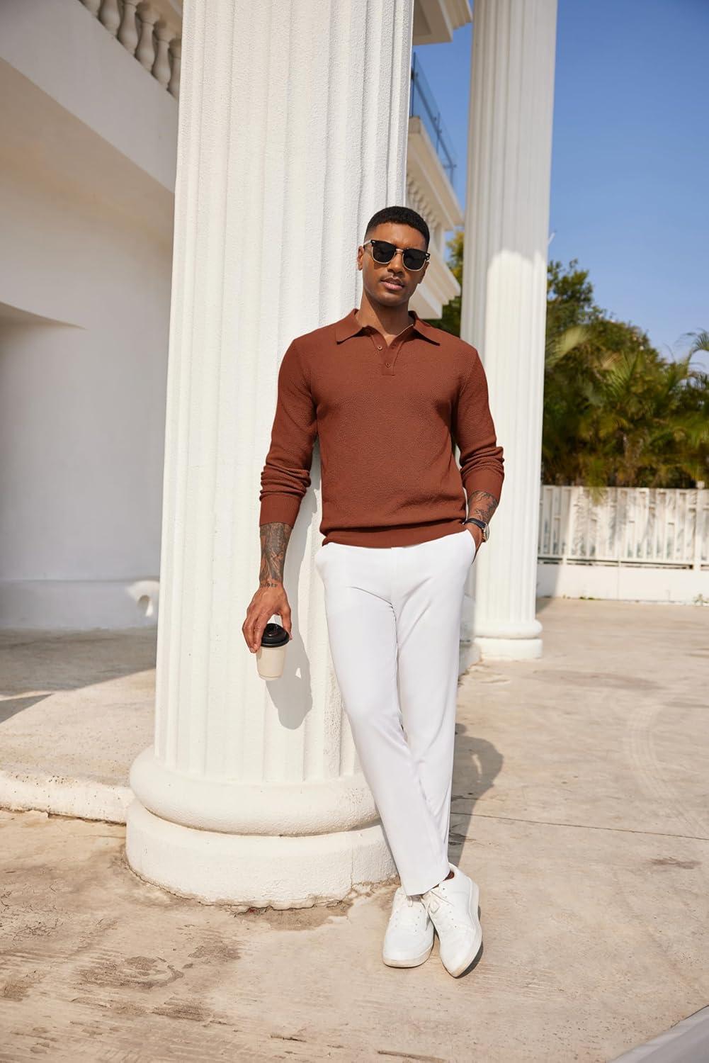 imageCOOFANDY Mens Knit Polo Shirts Long Sleeve Casual Polo Sweaters Shirt Waffle Textured Collared SweaterCaramel