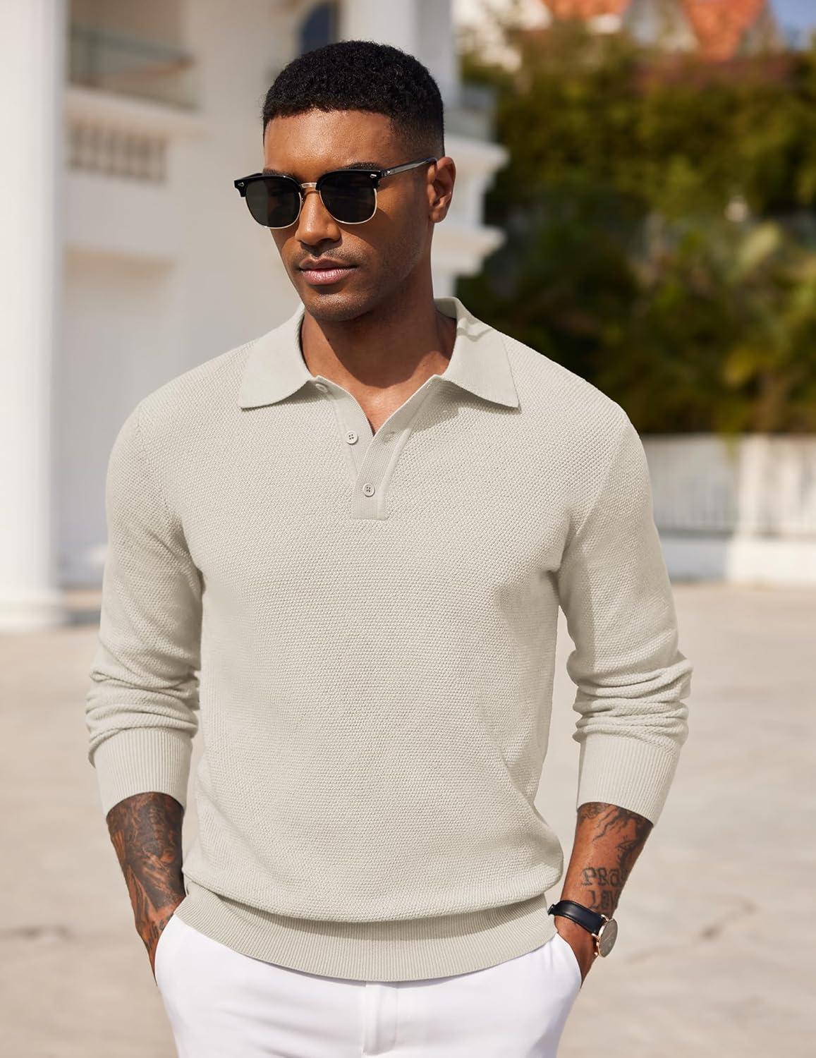 imageCOOFANDY Mens Knit Polo Shirts Long Sleeve Casual Polo Sweaters Shirt Waffle Textured Collared SweaterCream