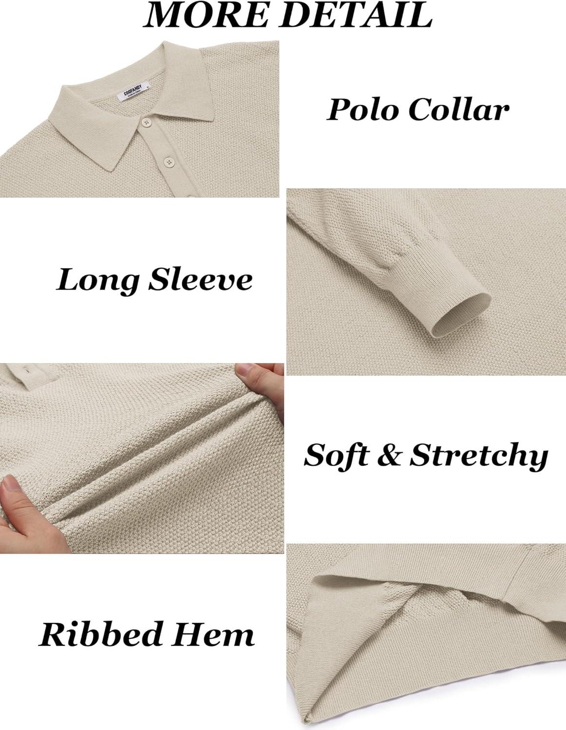 imageCOOFANDY Mens Knit Polo Shirts Long Sleeve Casual Polo Sweaters Shirt Waffle Textured Collared SweaterCream