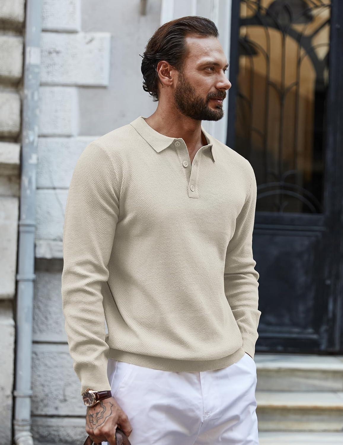 imageCOOFANDY Mens Knit Polo Shirts Long Sleeve Casual Polo Sweaters Shirt Waffle Textured Collared SweaterCream