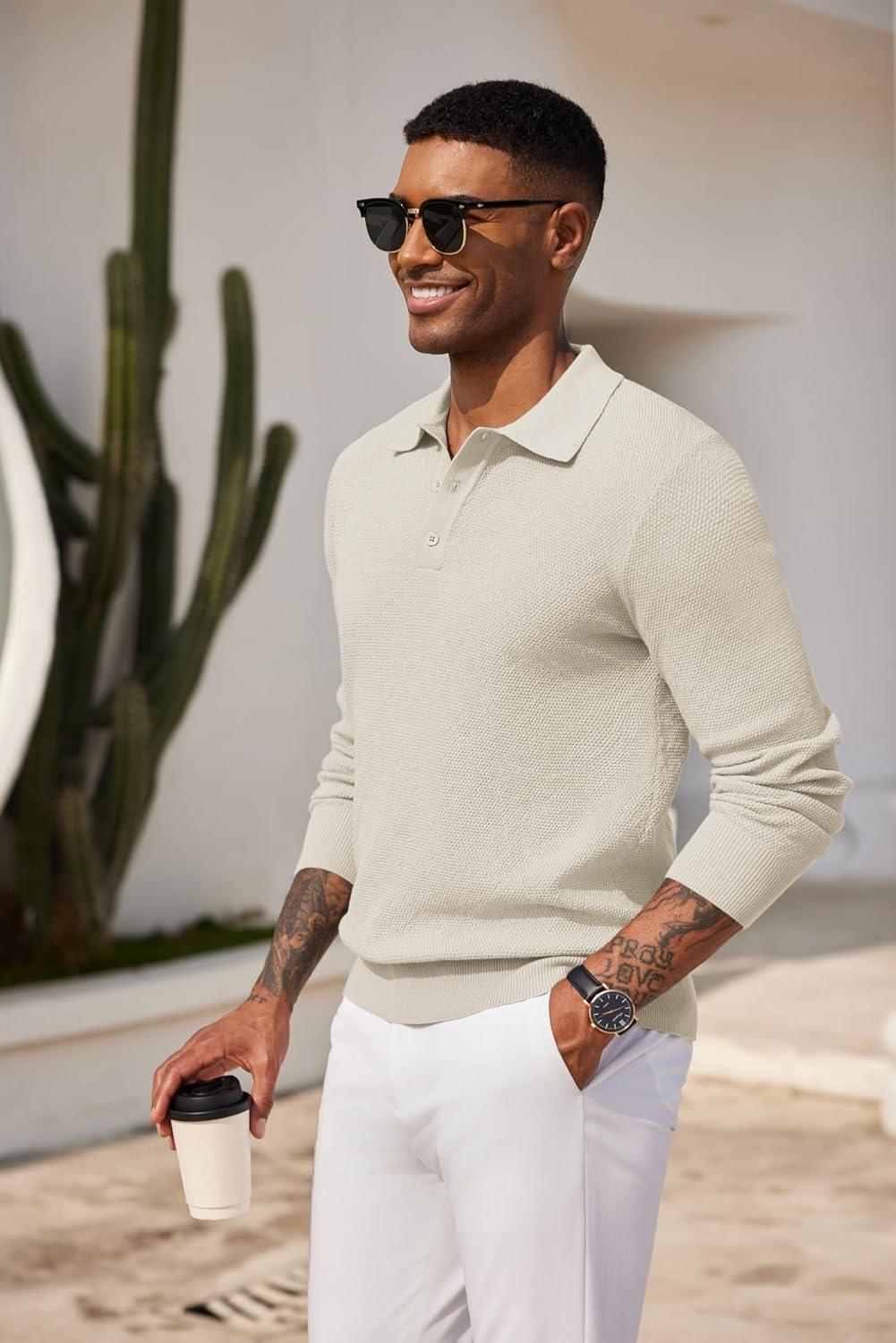 imageCOOFANDY Mens Knit Polo Shirts Long Sleeve Casual Polo Sweaters Shirt Waffle Textured Collared SweaterCream