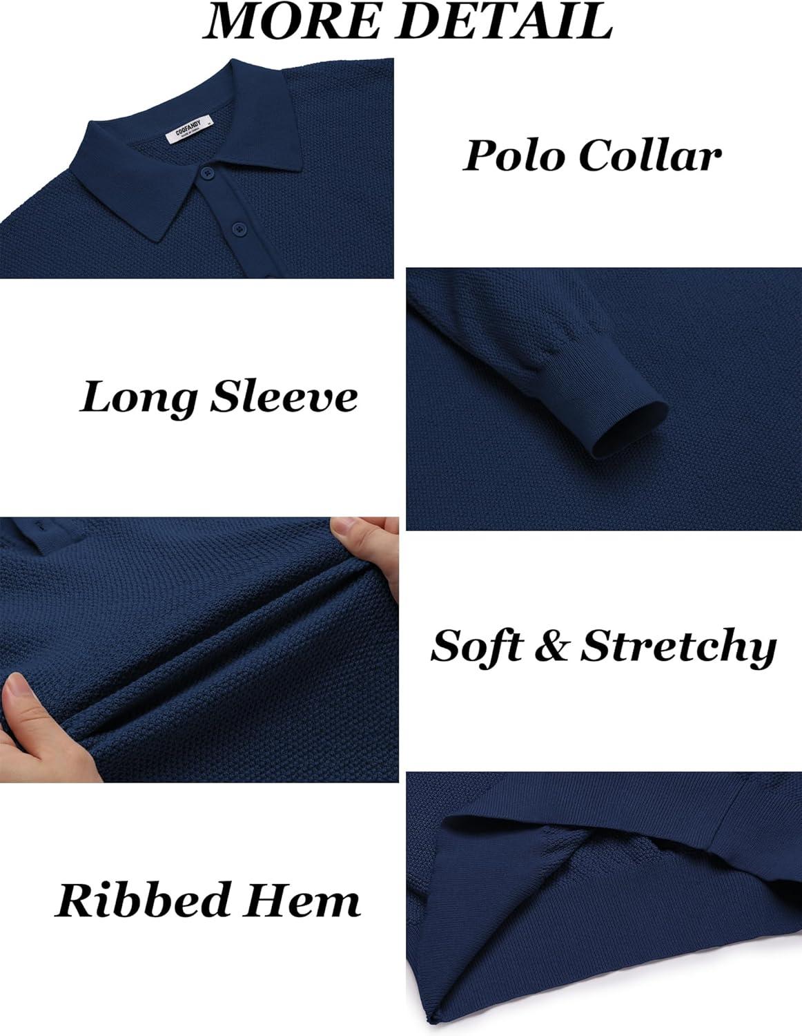 imageCOOFANDY Mens Knit Polo Shirts Long Sleeve Casual Polo Sweaters Shirt Waffle Textured Collared SweaterDark Blue