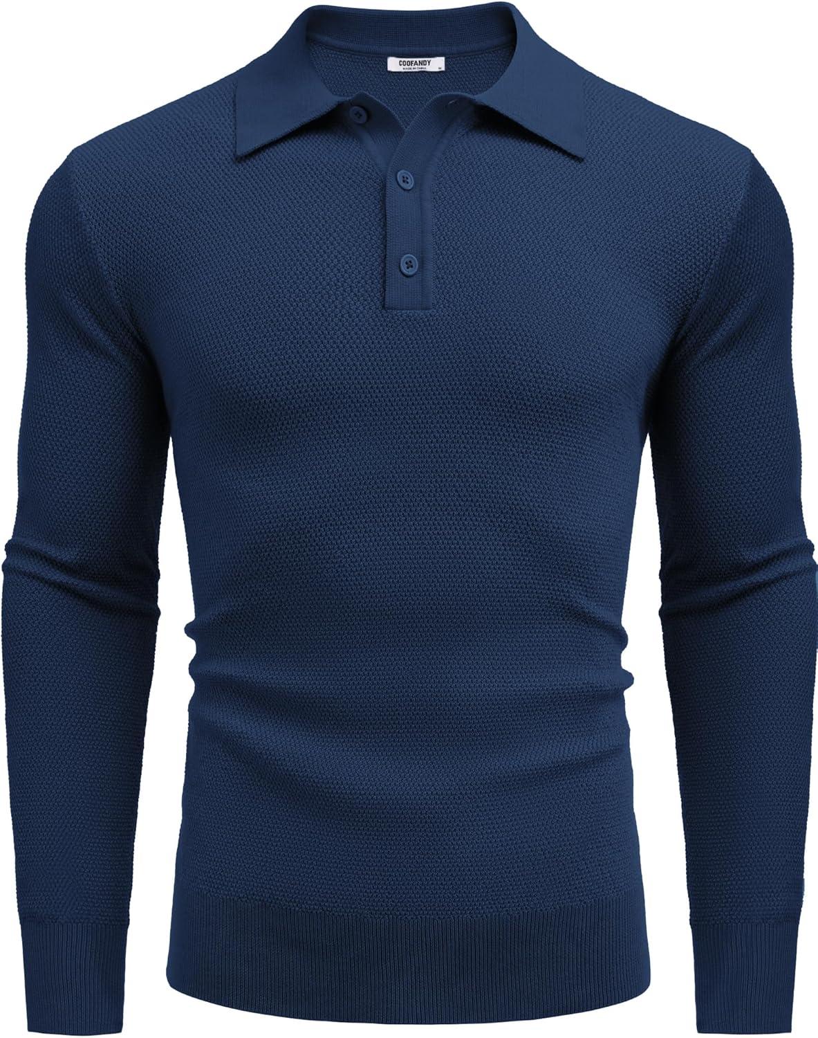imageCOOFANDY Mens Knit Polo Shirts Long Sleeve Casual Polo Sweaters Shirt Waffle Textured Collared SweaterDark Blue