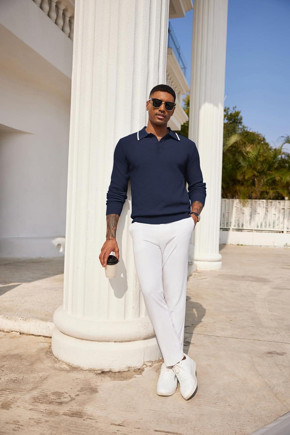 imageCOOFANDY Mens Knit Polo Shirts Long Sleeve Casual Polo Sweaters Shirt Waffle Textured Collared SweaterDark Blue White Striped