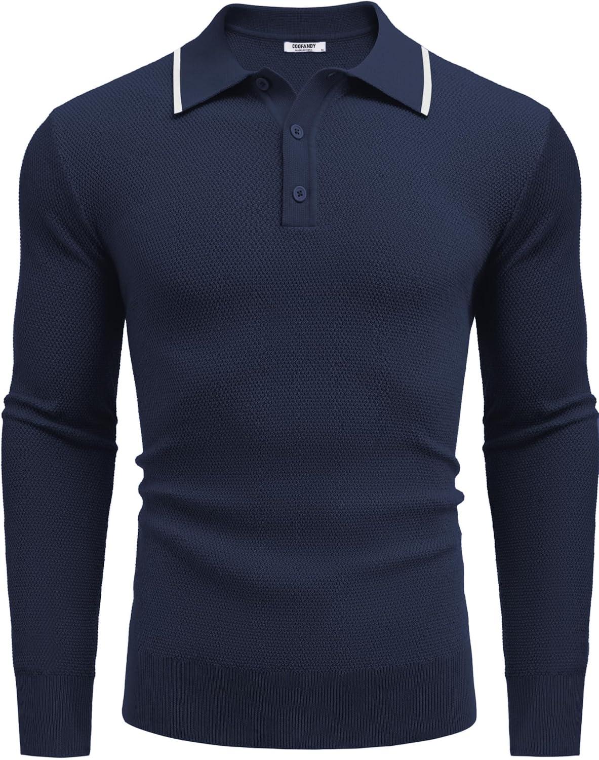imageCOOFANDY Mens Knit Polo Shirts Long Sleeve Casual Polo Sweaters Shirt Waffle Textured Collared SweaterDark Blue White Striped