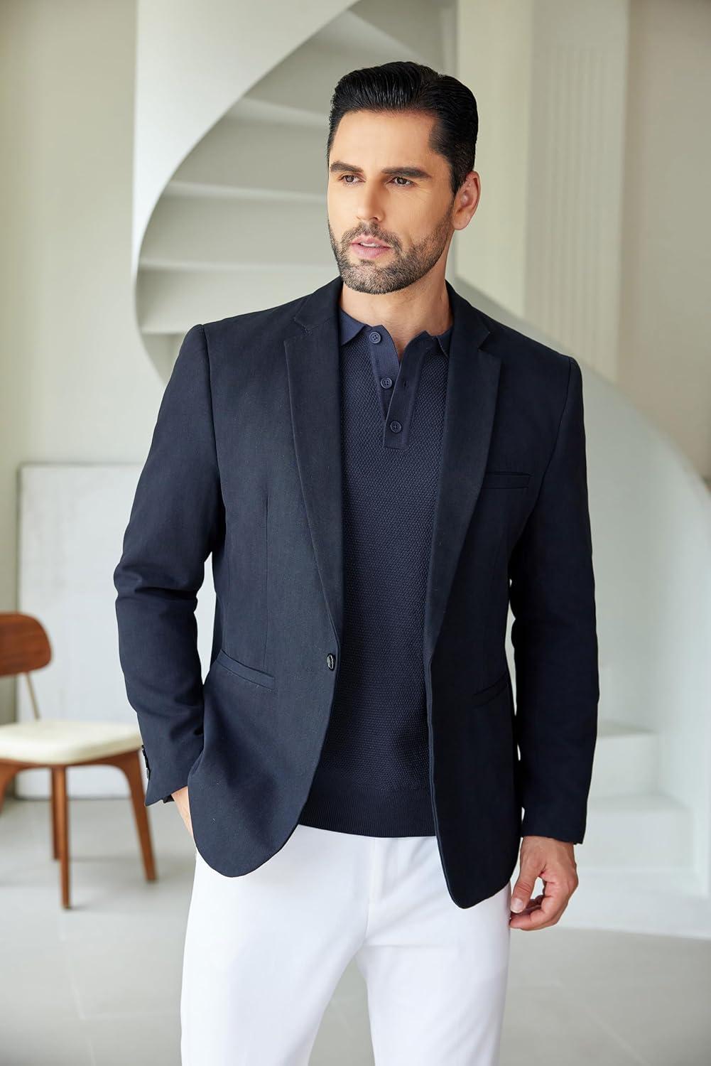 imageCOOFANDY Mens Knit Polo Shirts Long Sleeve Casual Polo Sweaters Shirt Waffle Textured Collared SweaterDark Blue White Striped