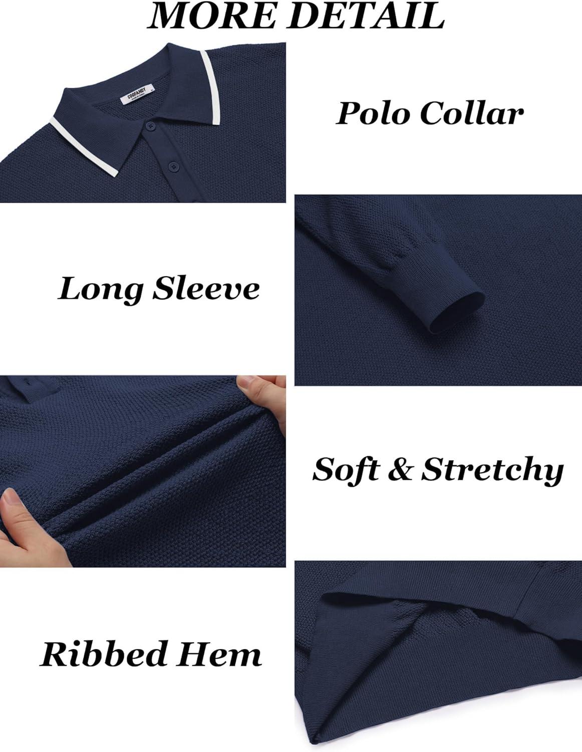 imageCOOFANDY Mens Knit Polo Shirts Long Sleeve Casual Polo Sweaters Shirt Waffle Textured Collared SweaterDark Blue White Striped