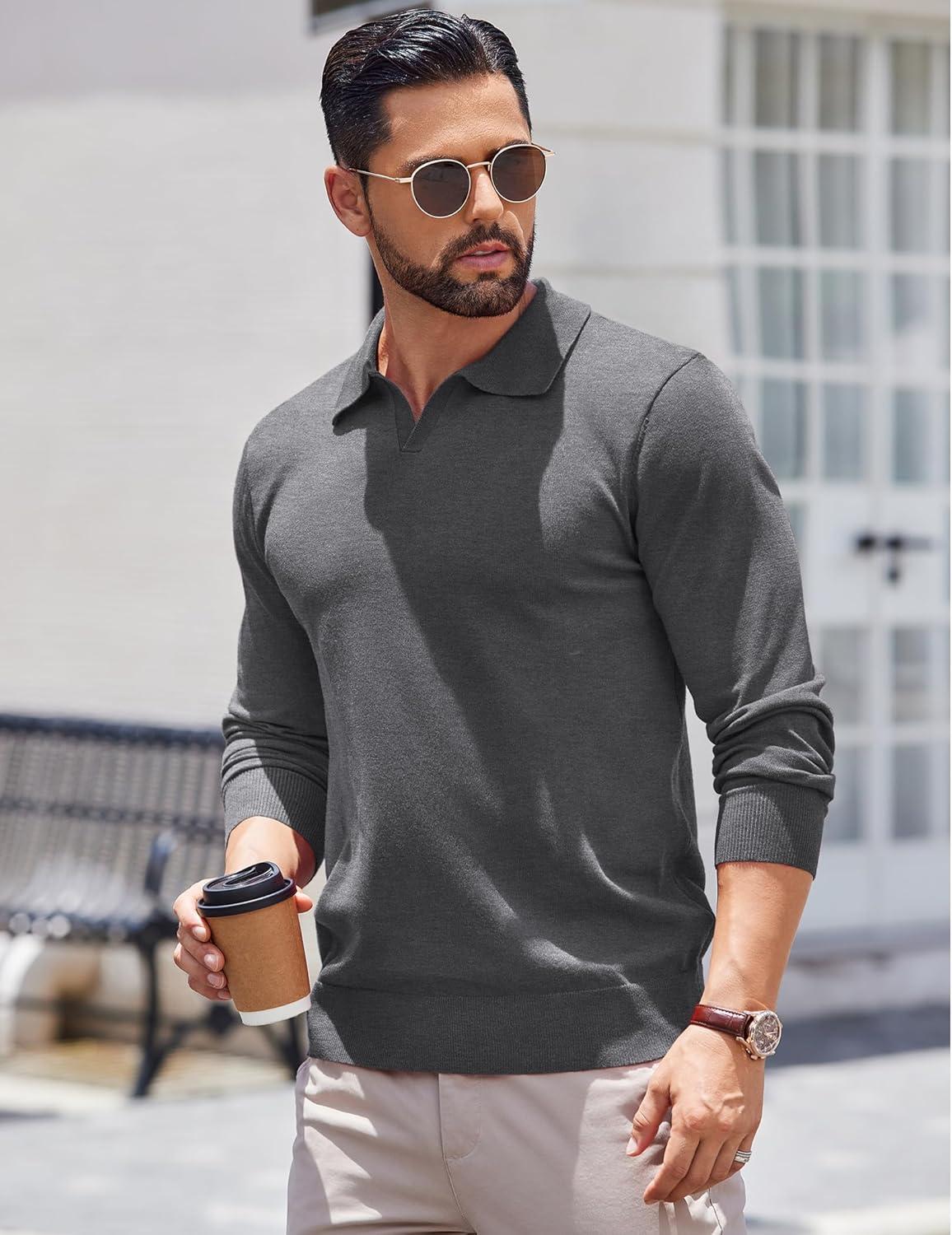 imageCOOFANDY Mens Knit Polo Shirts Long Sleeve Casual Polo Sweaters Shirt Waffle Textured Collared SweaterDark Gray