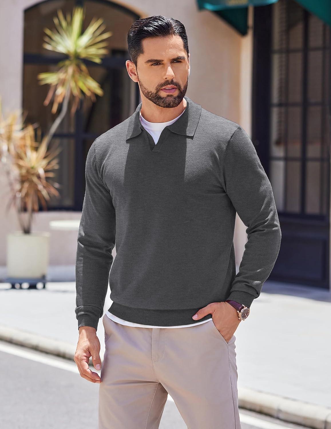 imageCOOFANDY Mens Knit Polo Shirts Long Sleeve Casual Polo Sweaters Shirt Waffle Textured Collared SweaterDark Gray