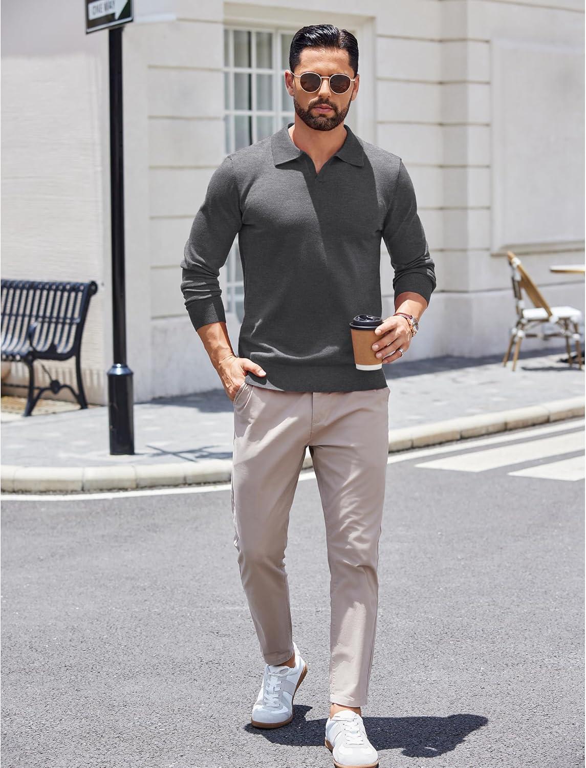 imageCOOFANDY Mens Knit Polo Shirts Long Sleeve Casual Polo Sweaters Shirt Waffle Textured Collared SweaterDark Gray