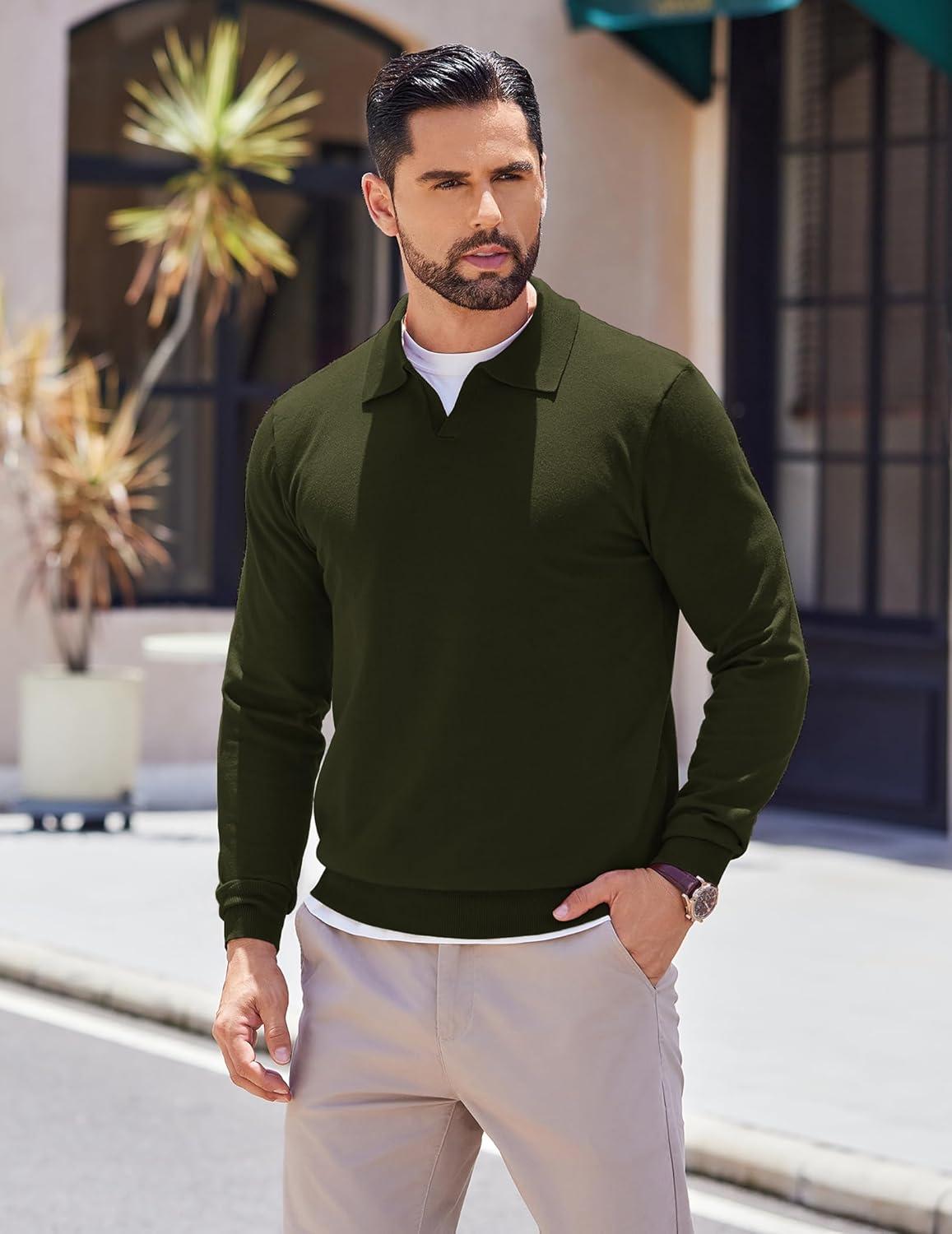 imageCOOFANDY Mens Knit Polo Shirts Long Sleeve Casual Polo Sweaters Shirt Waffle Textured Collared SweaterDark Green