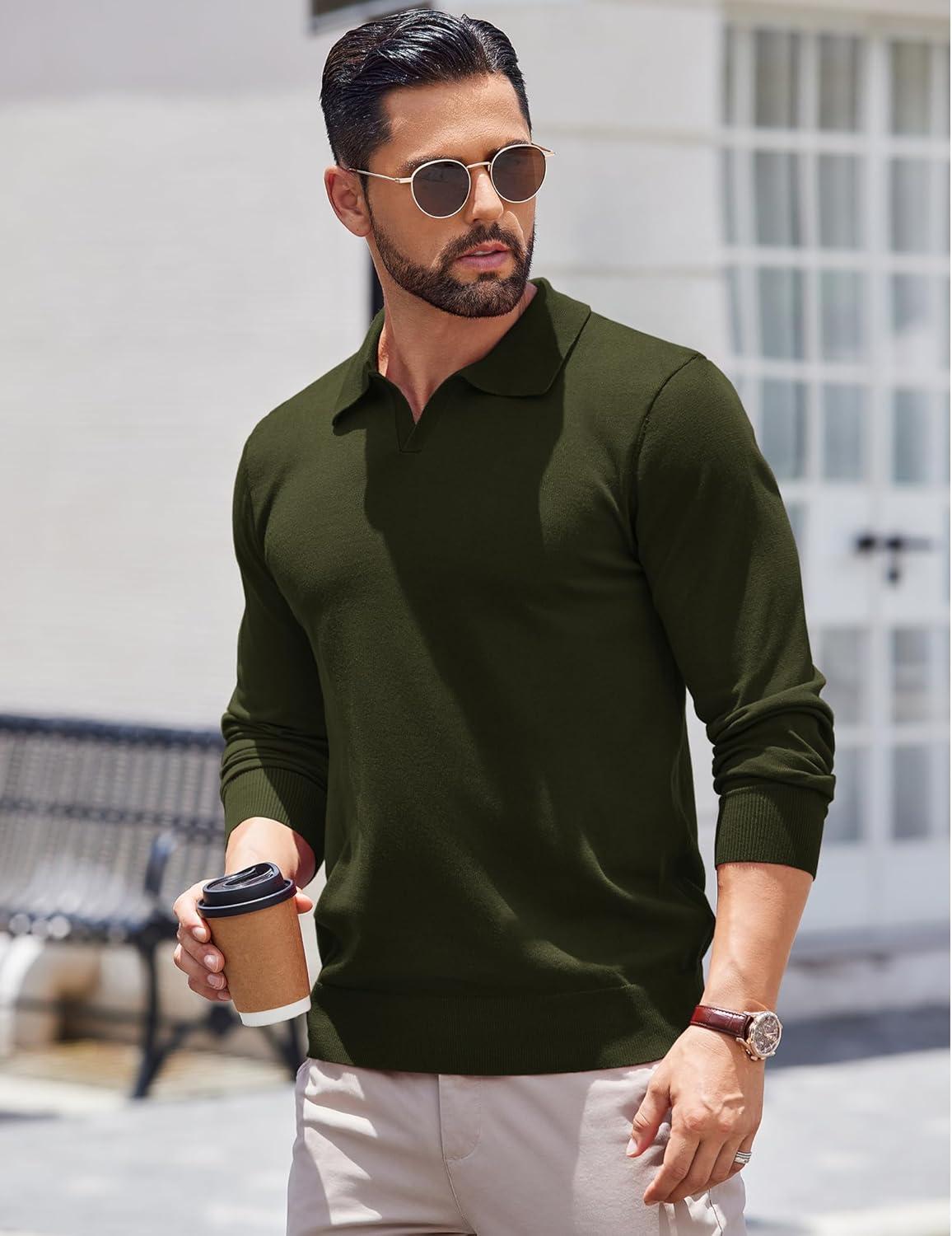 imageCOOFANDY Mens Knit Polo Shirts Long Sleeve Casual Polo Sweaters Shirt Waffle Textured Collared SweaterDark Green