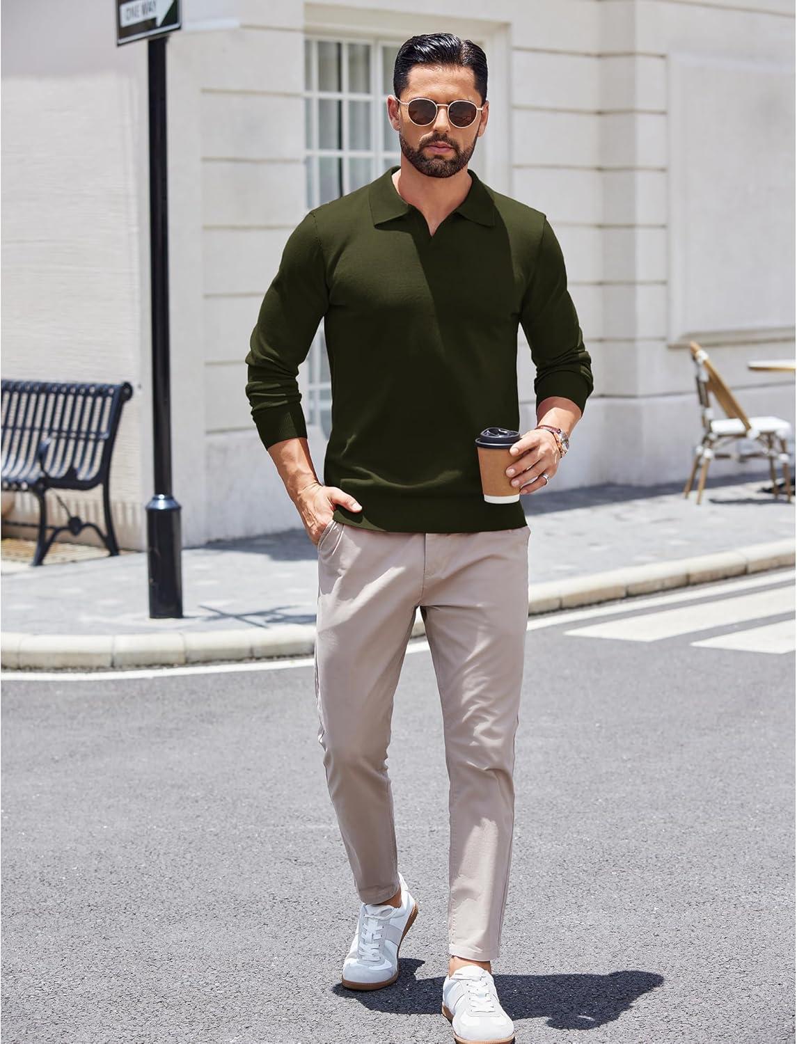 imageCOOFANDY Mens Knit Polo Shirts Long Sleeve Casual Polo Sweaters Shirt Waffle Textured Collared SweaterDark Green