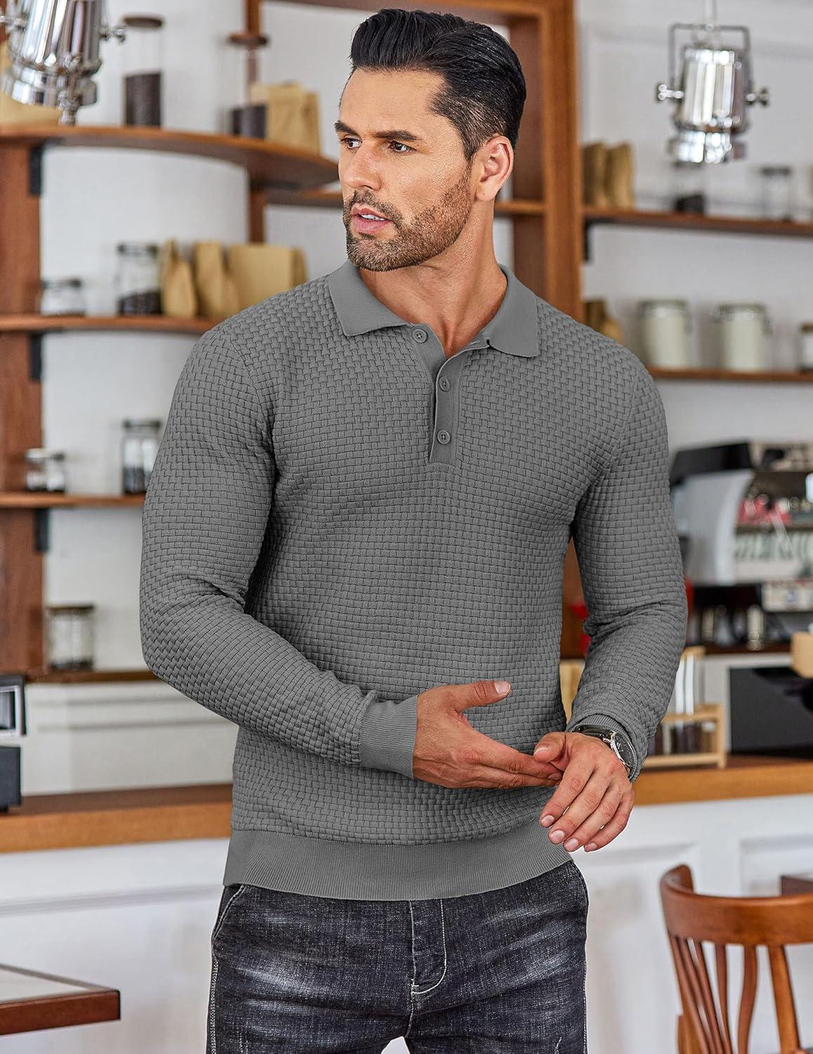 imageCOOFANDY Mens Knit Polo Shirts Long Sleeve Casual Polo Sweaters Shirt Waffle Textured Collared SweaterDark Grey