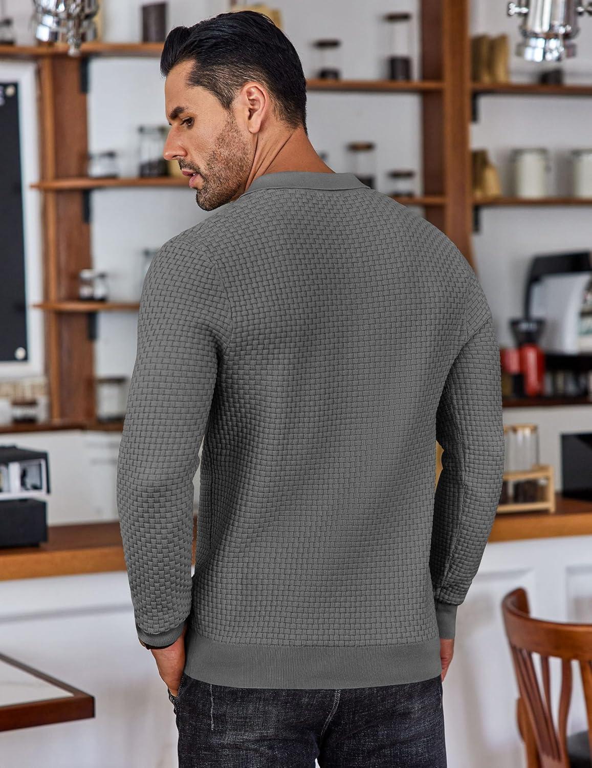 imageCOOFANDY Mens Knit Polo Shirts Long Sleeve Casual Polo Sweaters Shirt Waffle Textured Collared SweaterDark Grey