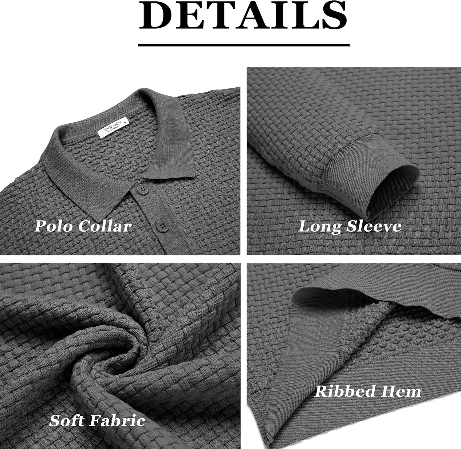 imageCOOFANDY Mens Knit Polo Shirts Long Sleeve Casual Polo Sweaters Shirt Waffle Textured Collared SweaterDark Grey