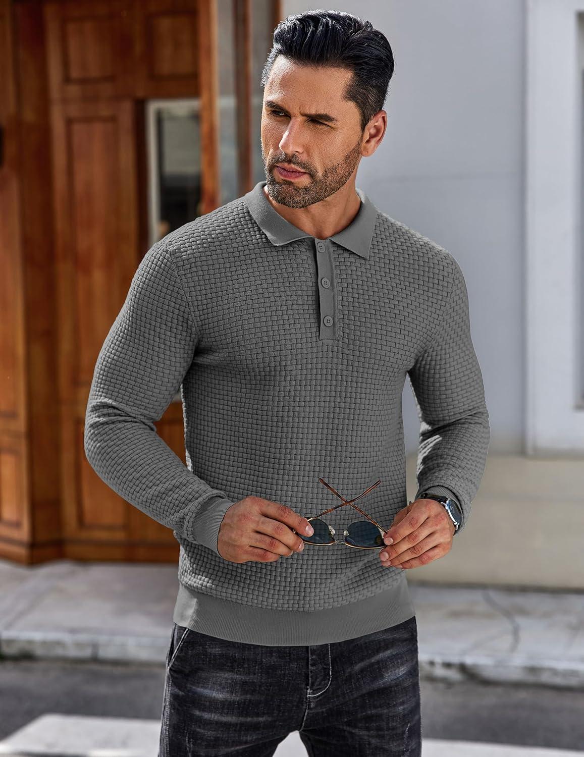 imageCOOFANDY Mens Knit Polo Shirts Long Sleeve Casual Polo Sweaters Shirt Waffle Textured Collared SweaterDark Grey