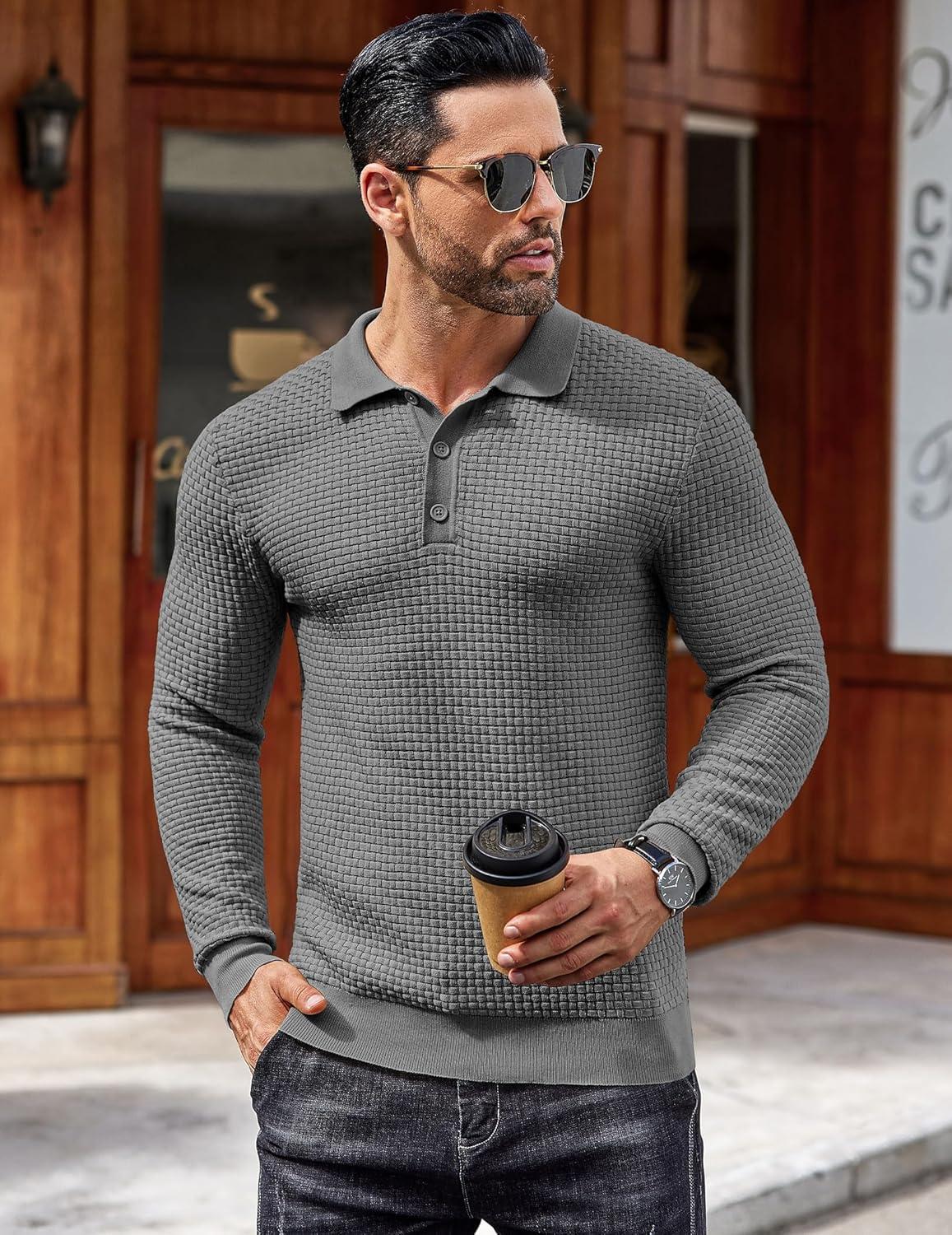 imageCOOFANDY Mens Knit Polo Shirts Long Sleeve Casual Polo Sweaters Shirt Waffle Textured Collared SweaterDark Grey