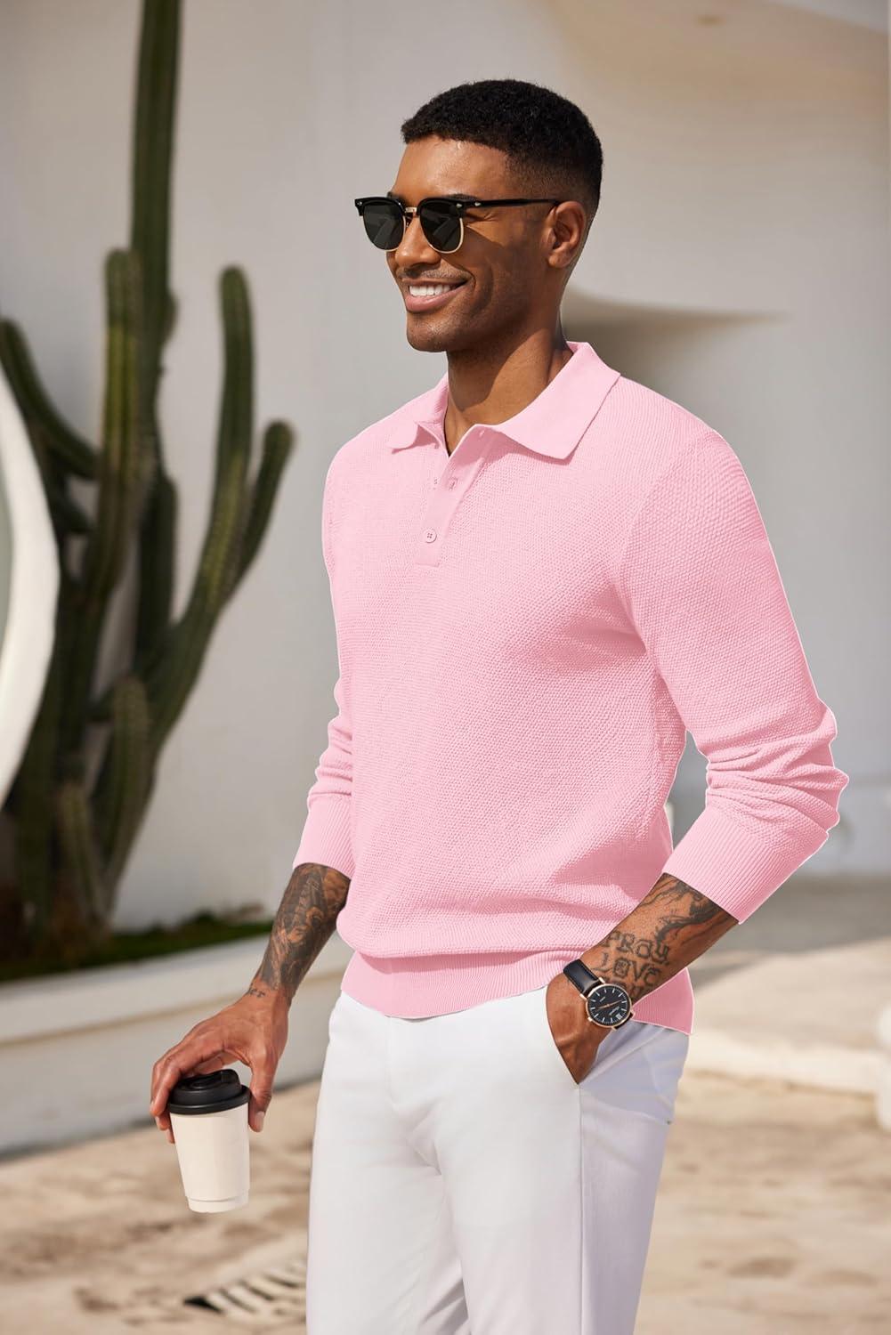 imageCOOFANDY Mens Knit Polo Shirts Long Sleeve Casual Polo Sweaters Shirt Waffle Textured Collared SweaterDark Pink